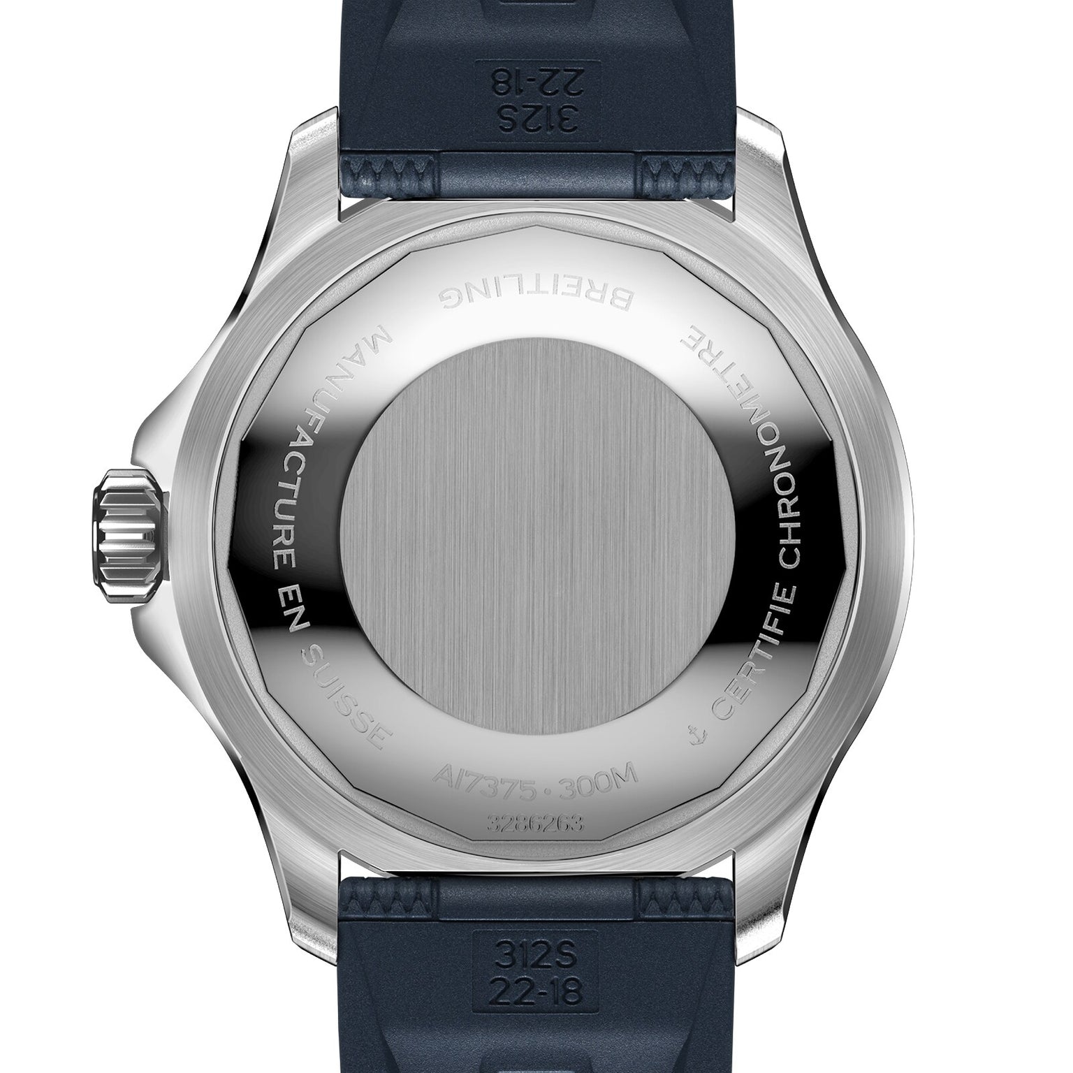 The back of the Breitling Superocean Automatic 42 showcases an engraved metal case, blue rubber strap, and displays water resistance, model numbers, and the Breitling 17 calibre.