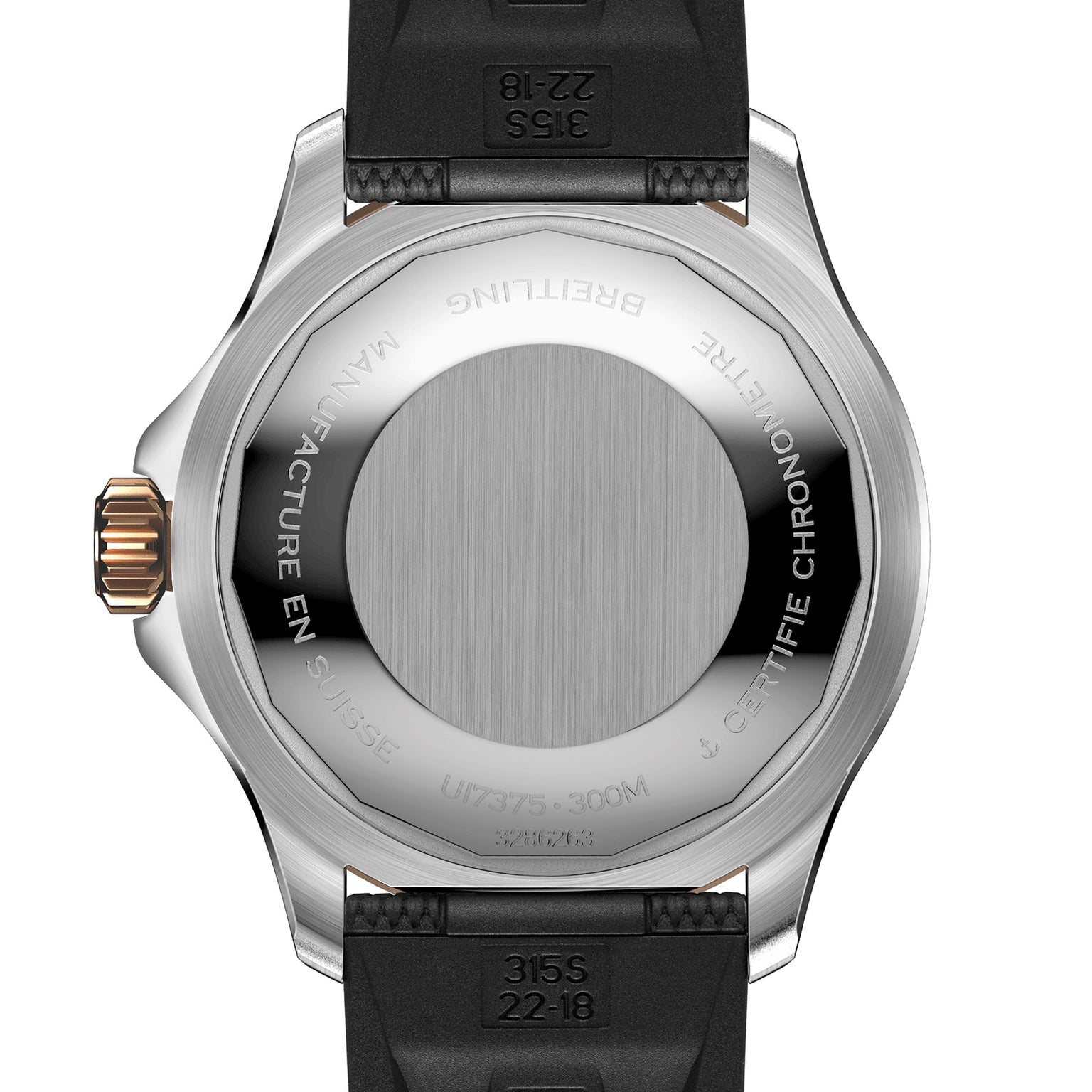 The back of a Breitling Superocean Automatic 42 dive watch features a metal case, black rubber strap, and engraved text denoting Swiss manufacture and 300M water resistance.