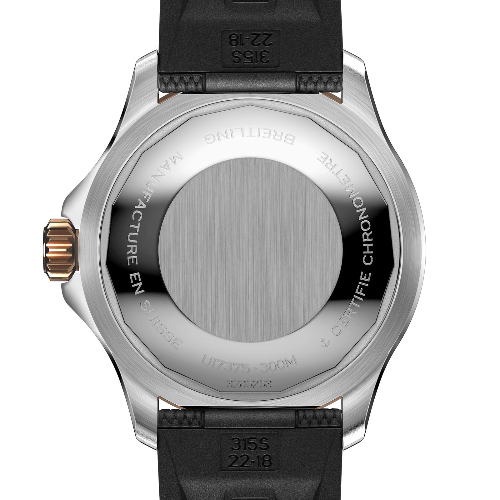 The back of a Breitling Superocean Automatic 42 dive watch features a metal case, black rubber strap, and engraved text denoting Swiss manufacture and 300M water resistance.