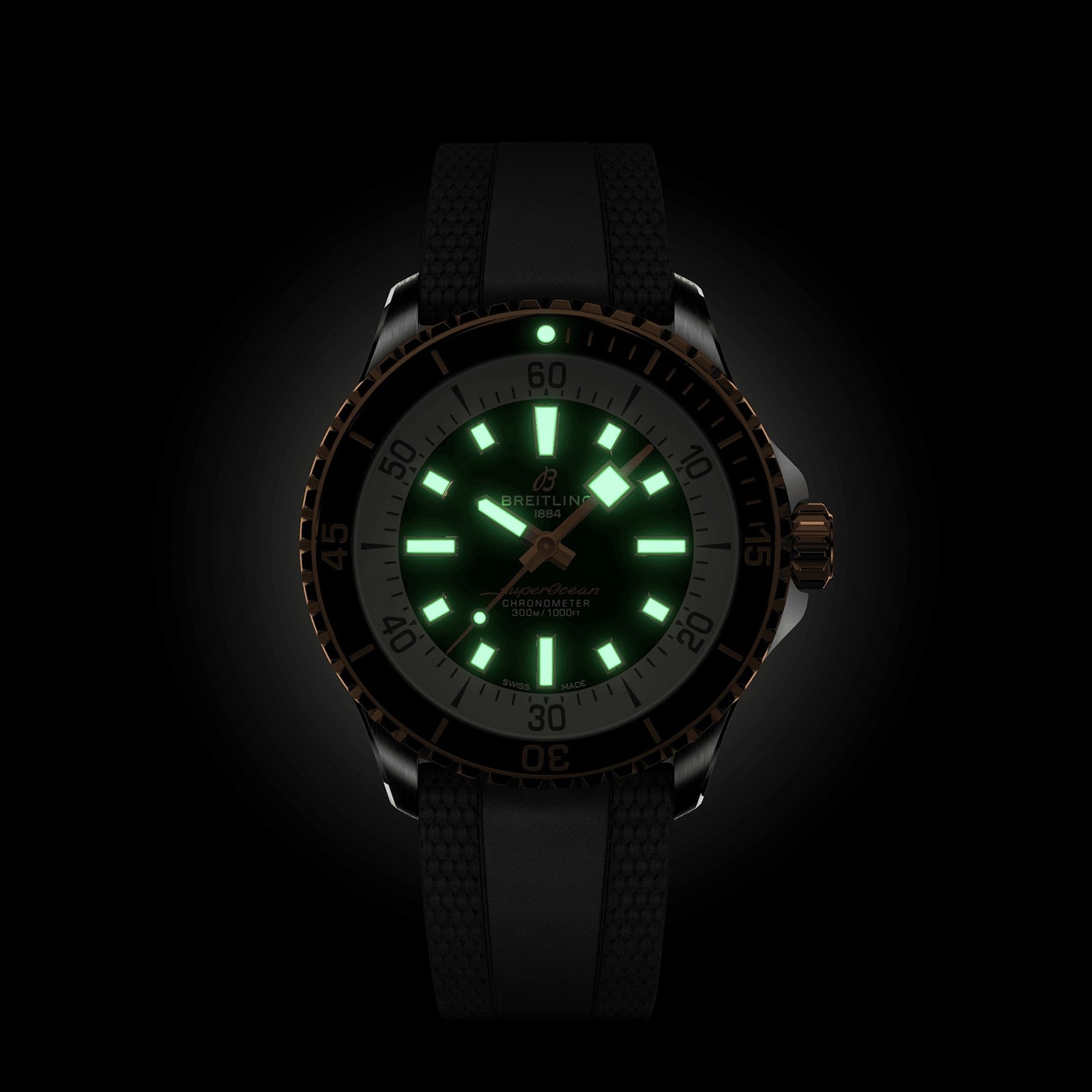 The Breitling Superocean Automatic 42 features a black strap and bezel, luminous green markers and hands on a black dial, all inspired by the iconic 1960s Slow Motion design.