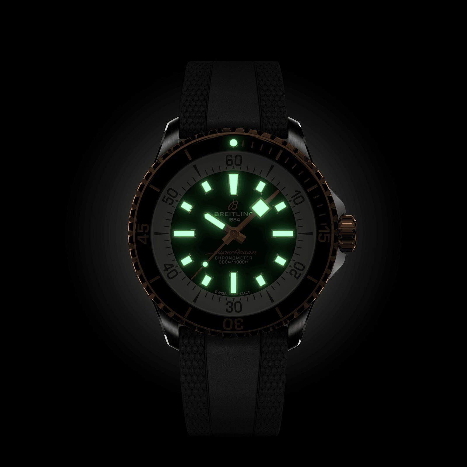 The Breitling Superocean Automatic 42 features a black strap and bezel, luminous green markers and hands on a black dial, all inspired by the iconic 1960s Slow Motion design.
