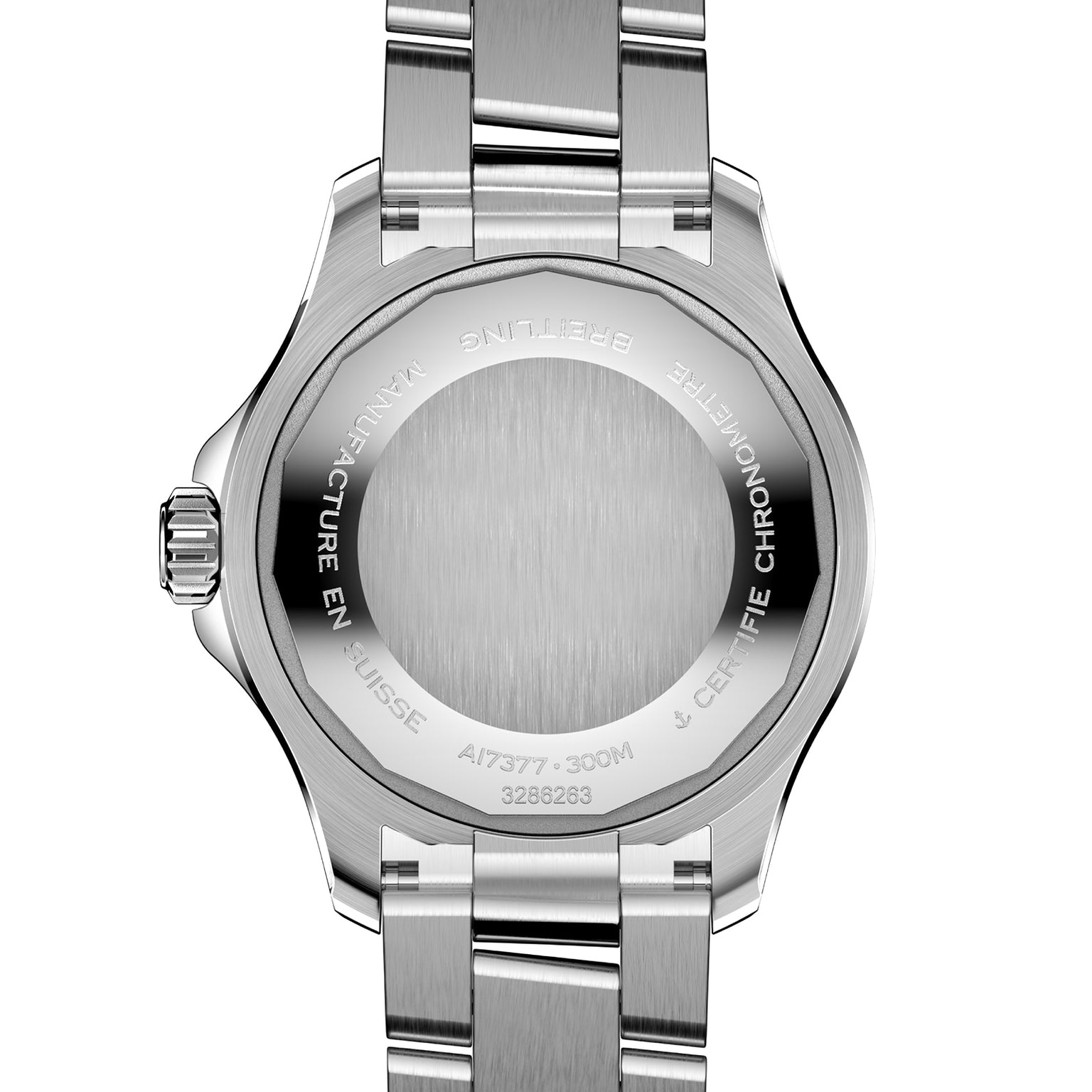 Back view of the Breitling Superocean Automatic 36, featuring a stainless steel case with engraved text on the brushed case back and a metal bracelet.