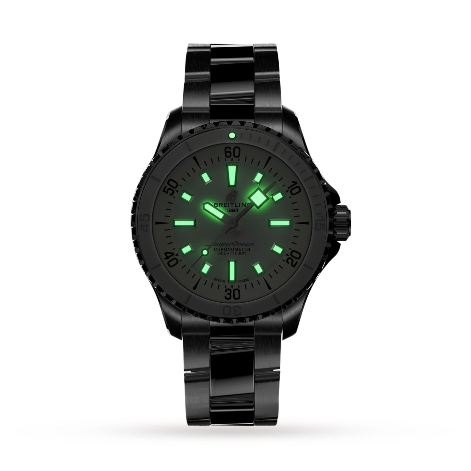 The Breitling Superocean Automatic 36 is a classic dive watch featuring a black stainless steel case with glowing green dial and hands, displayed against a white background.