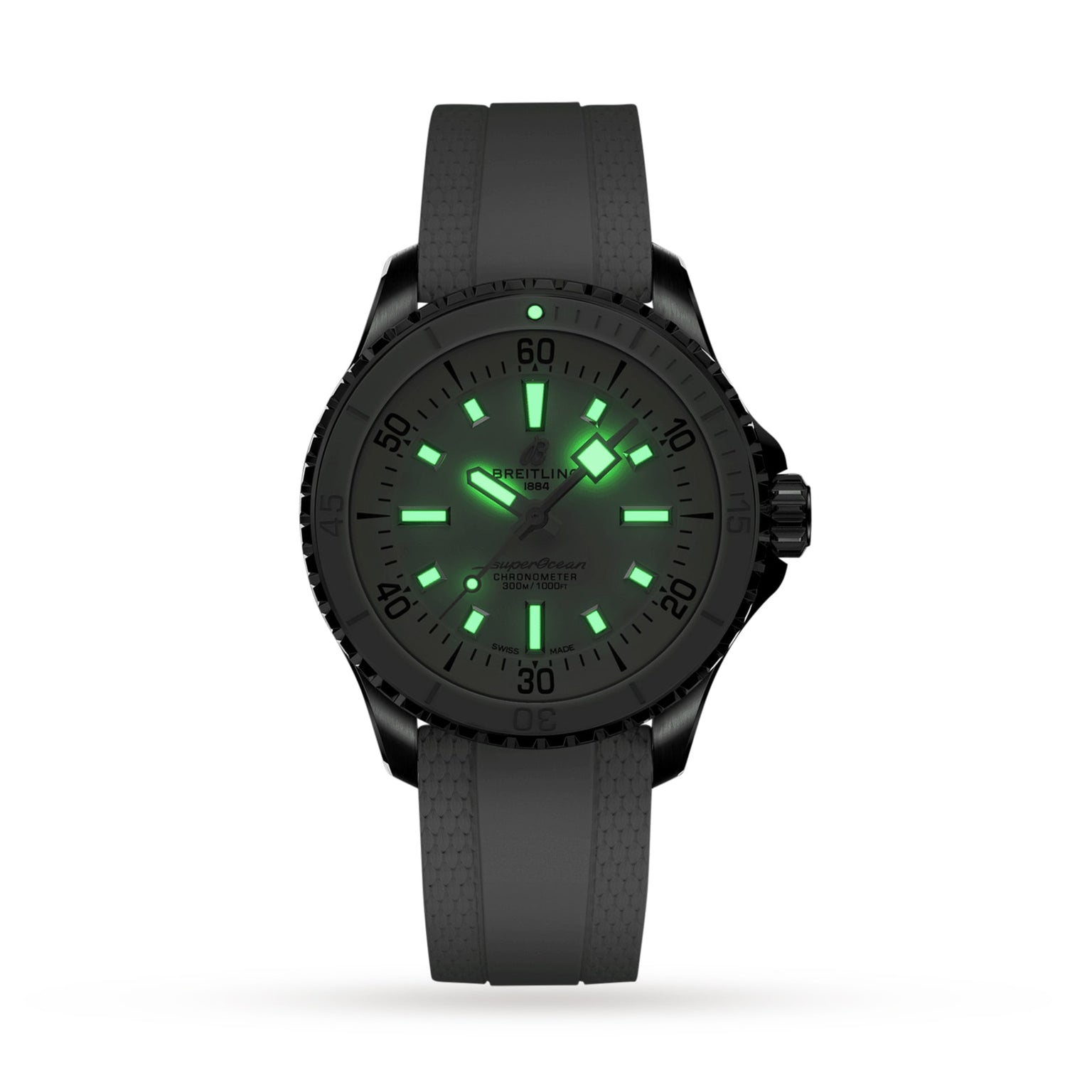 The Breitling Superocean Automatic 36 is a black dive watch with a ceramic bezel and dark gray strap, featuring Super-LumiNova illuminated green hour markers and hands on a dark dial.