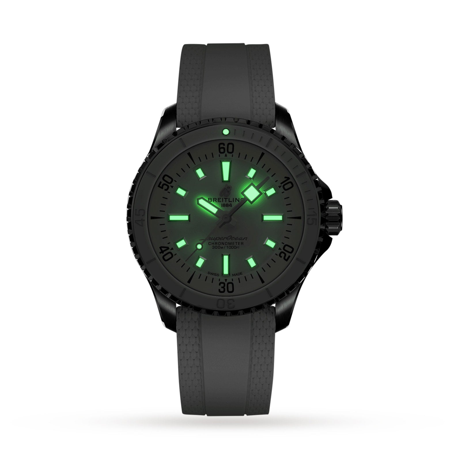 The Breitling Superocean Automatic 36 is a black dive watch with a ceramic bezel and dark gray strap, featuring Super-LumiNova illuminated green hour markers and hands on a dark dial.