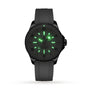 The Breitling Superocean Automatic 36 is a black dive watch with a ceramic bezel and dark gray strap, featuring Super-LumiNova illuminated green hour markers and hands on a dark dial.