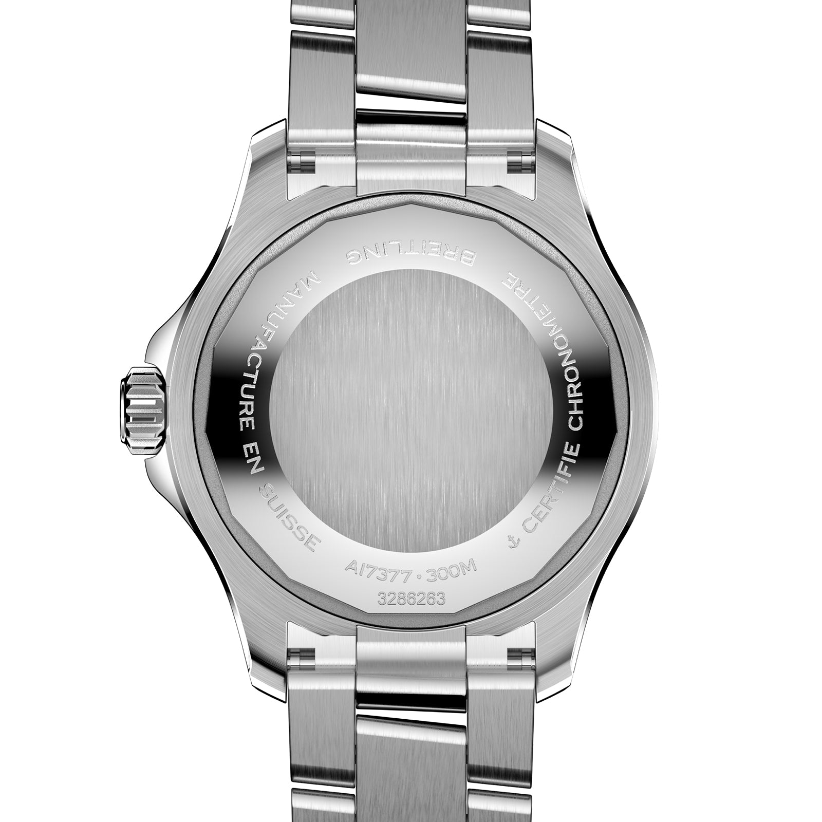 The image shows the back of a Breitling Superocean Automatic 36 diving watch, featuring engraved text around the edge and a brushed stainless steel center that highlights its distinct design.