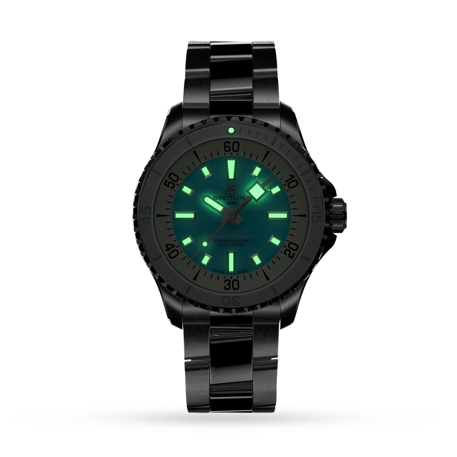 A Breitling Superocean Automatic 36 black dive watch with a metal band and ceramic bezel, featuring glowing green luminescent hands and hour markers, displayed on a white background.