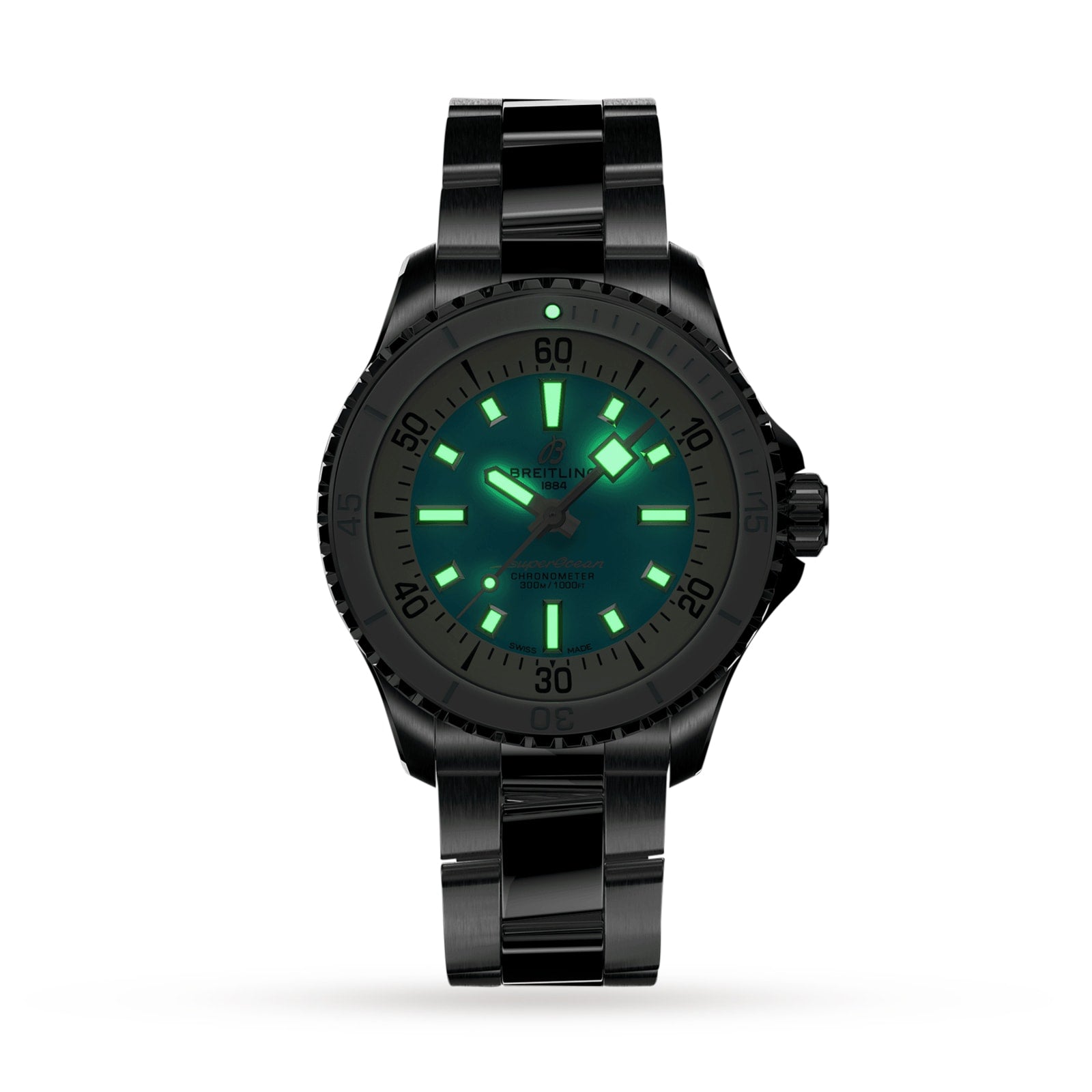 A Breitling Superocean Automatic 36 black dive watch with a metal band and ceramic bezel, featuring glowing green luminescent hands and hour markers, displayed on a white background.