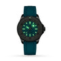 The Breitling Superocean Automatic 36 features a teal rubber strap, glowing green markers and hands, and a ceramic-inlaid bezel, all showcased against a plain white background.