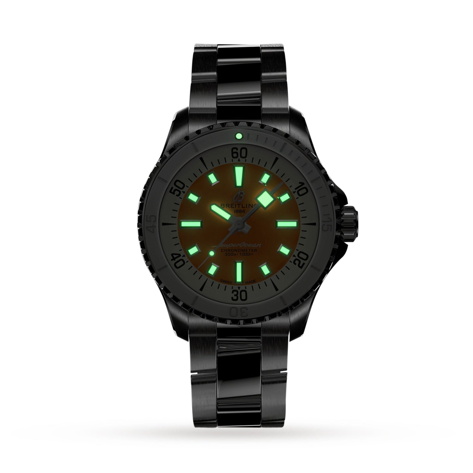 The Breitling Superocean Automatic 36 is a black dive watch with a metal band, illuminated green hour markers and hands on a dark face, water resistance, and reliable automatic movement.