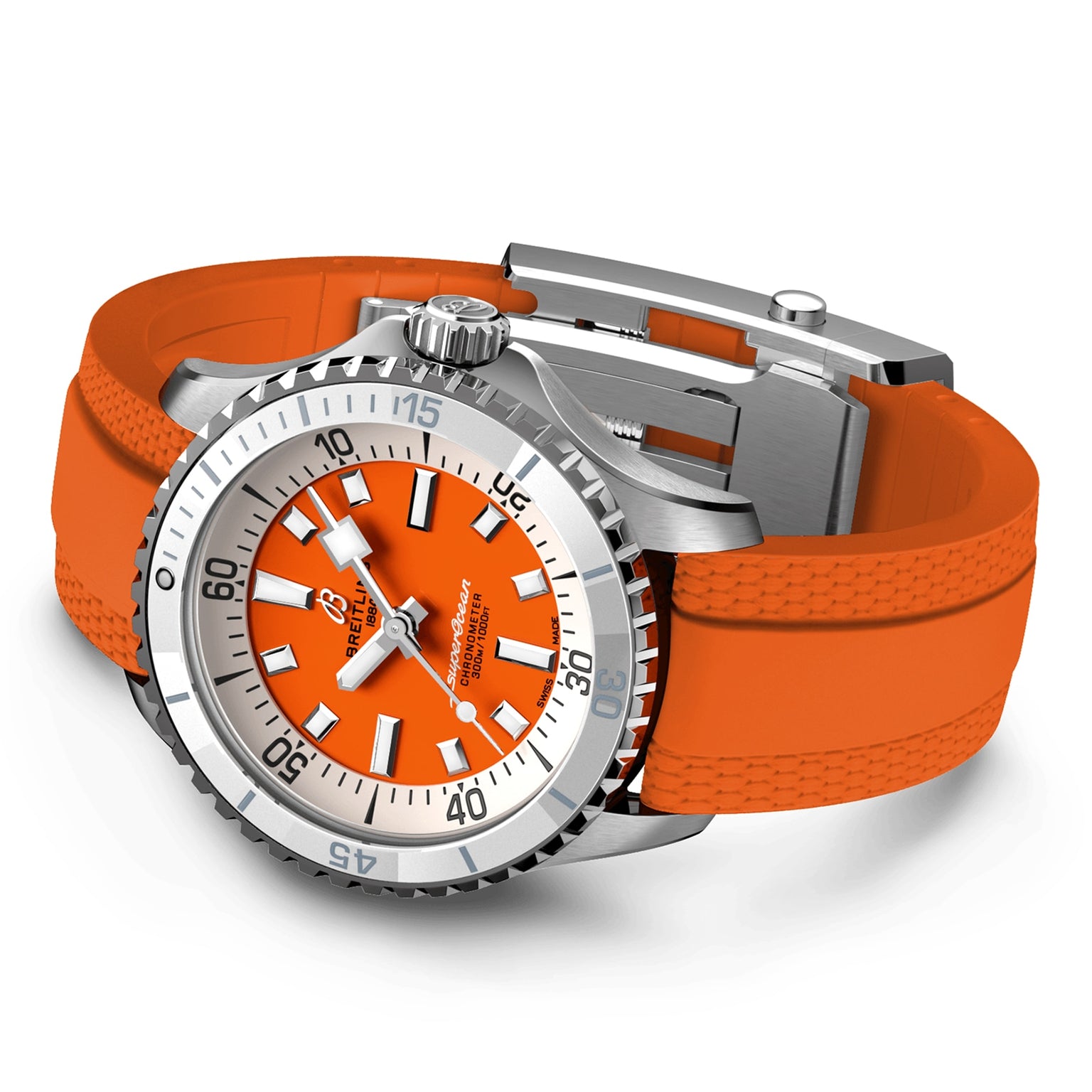 The Breitling Superocean Automatic 36 is a stainless steel dive watch with a tangerine rubber strap, orange dial, white hour markers, and a rotating bezel.