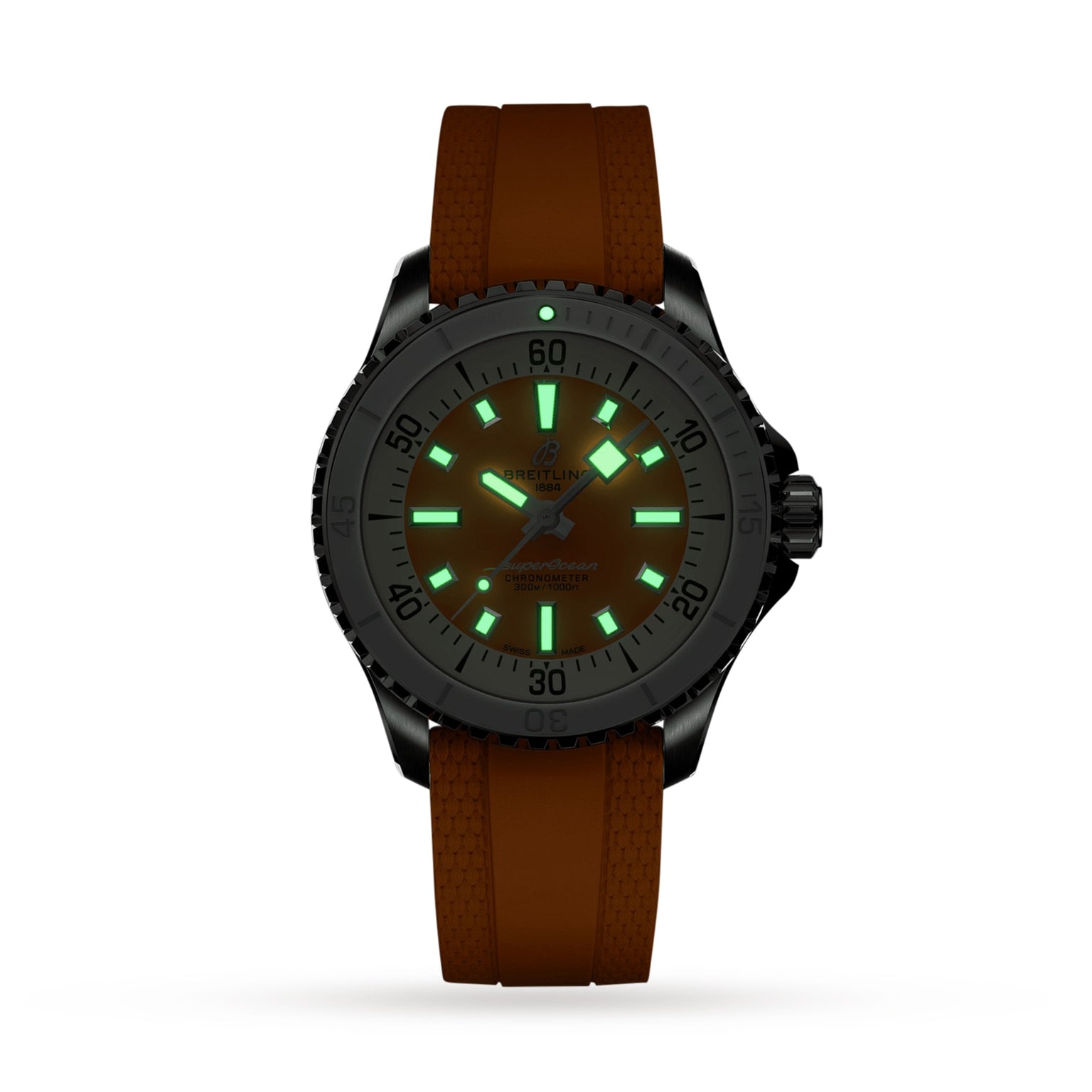The Breitling Superocean Automatic 36 dive watch features a dark metal case, tangerine rubber strap, and glowing green markers and hands, displayed on a white background.