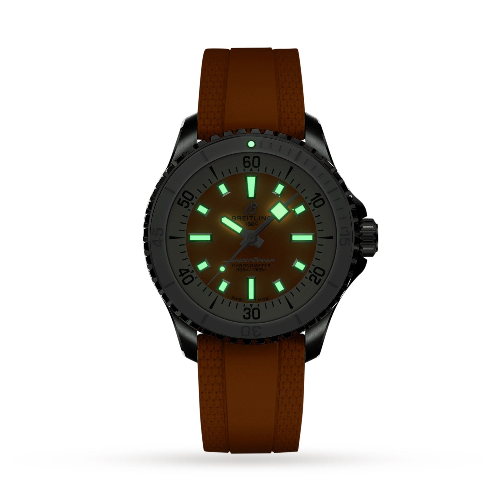 The Breitling Superocean Automatic 36 dive watch features a dark metal case, tangerine rubber strap, and glowing green markers and hands, displayed on a white background.