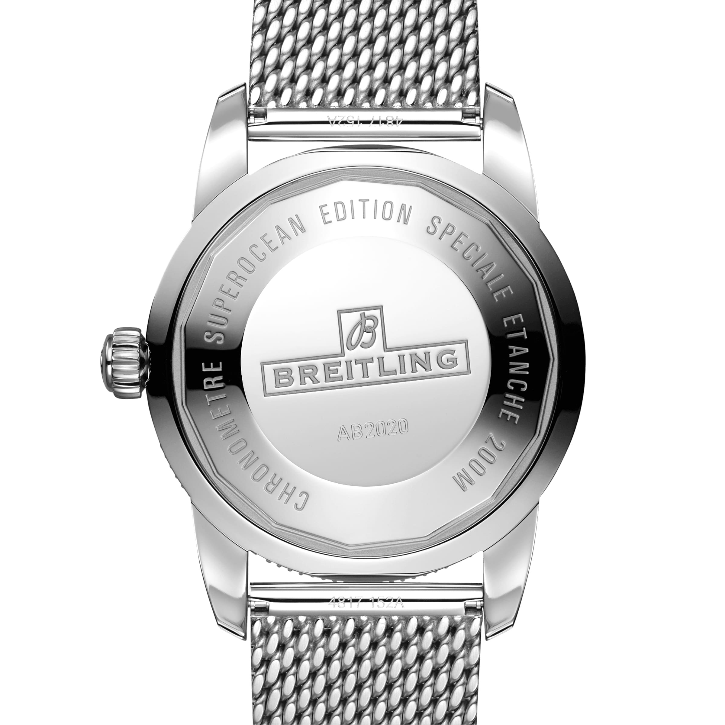 Back view of the Breitling Superocean Heritage B20 Automatic 46, featuring a 46mm stainless steel case, mesh metal strap, and engraved text: Superocean Edition Speciale Etanche 200M Chronometre with the Breitling B20 logo.