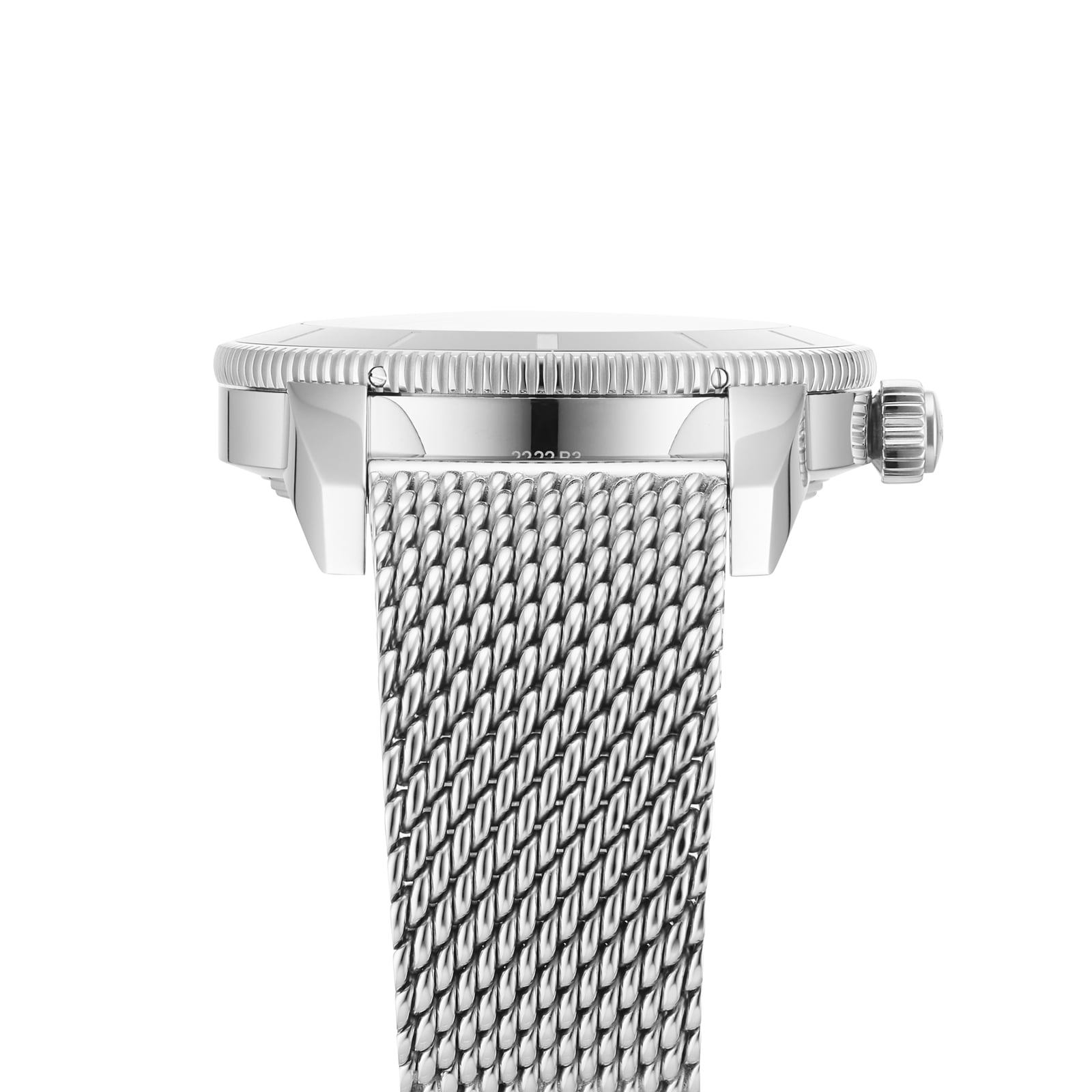 Side view of the Breitling Superocean Heritage B20 Automatic 46, featuring a silver textured metal mesh band, ridged crown, and bold 46mm stainless steel case, displayed against a white background.