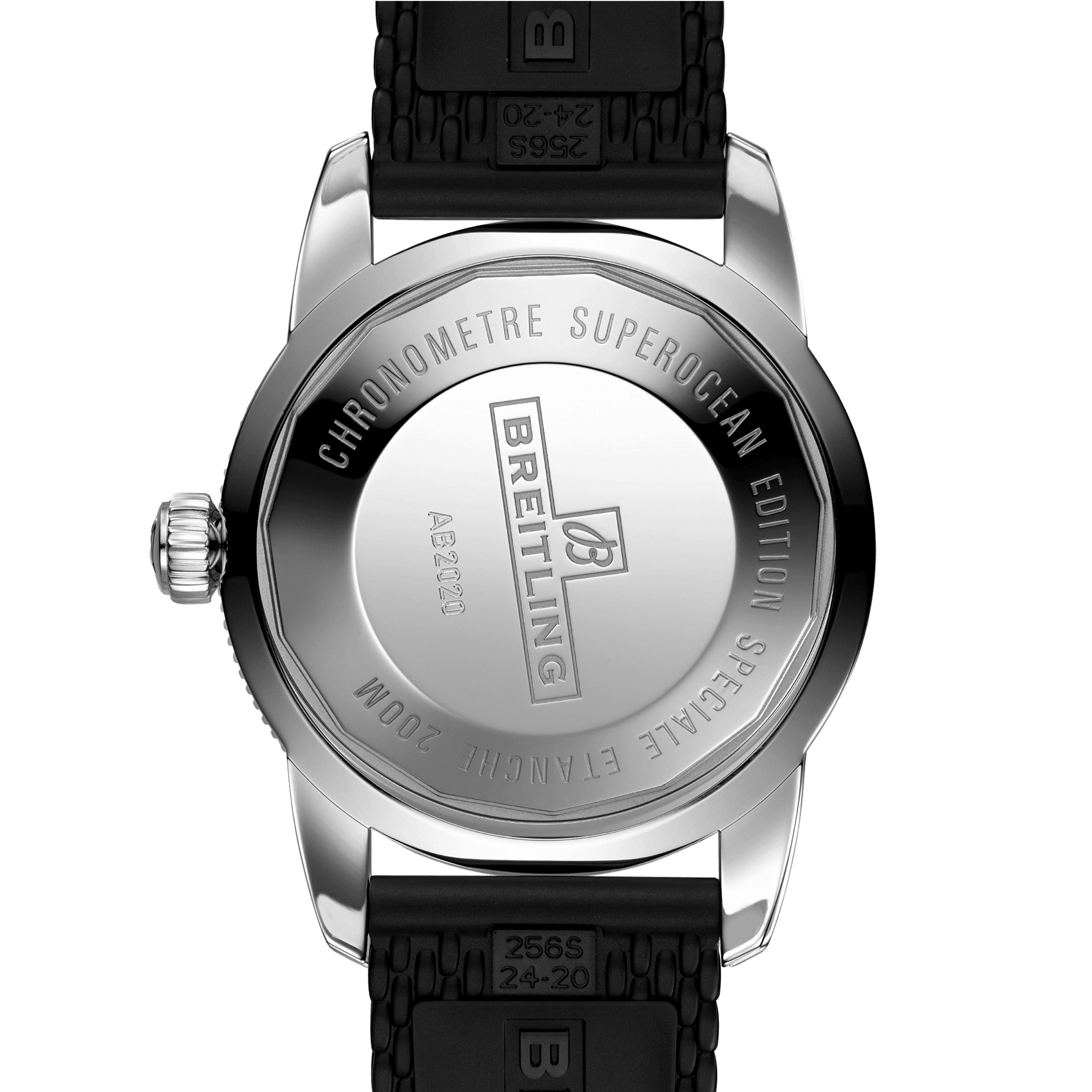 Back view of the Breitling Superocean Heritage B20 Automatic 46, showcasing engraved text on its stainless steel case, a black rubber strap, and the COSC-certified Breitling B20 calibre.