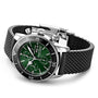 The Breitling Superocean Heritage Chronograph 44 features a green dial, chronograph function, black textured rubber strap, stainless steel case, water resistance, and is powered by the Breitling 13 calibre movement.