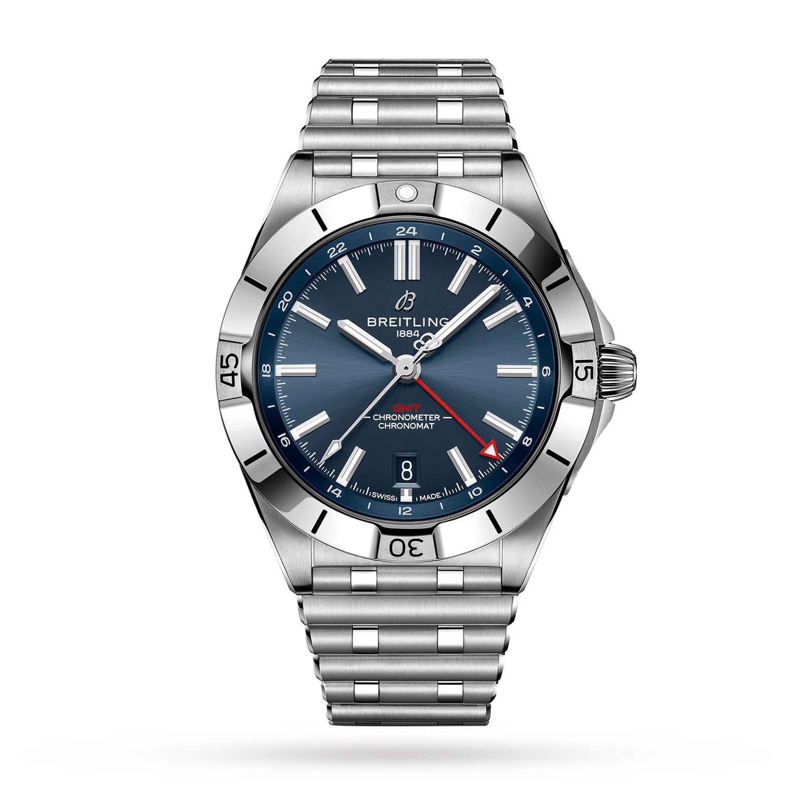 The Breitling Chronomat Automatic GMT 40 features a stainless steel case, blue dial with silver markers, GMT hand, date at 6 o’clock, and linked metal bracelet, powered by the Breitling 32 calibre—shown on a white background.