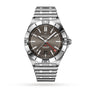 The Breitling Chronomat Automatic GMT 40 wristwatch features a stainless steel case, gray dial with silver markers, GMT hand, date at 6 oclock, and metal link bracelet, shown against a white background.