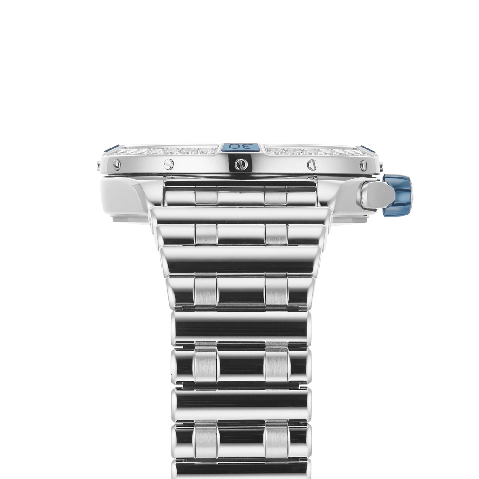 Close-up side view of a silver Breitling Super Chronomat Automatic 38 wristwatch with a blue crown and segmented bracelet, photographed against a white background.