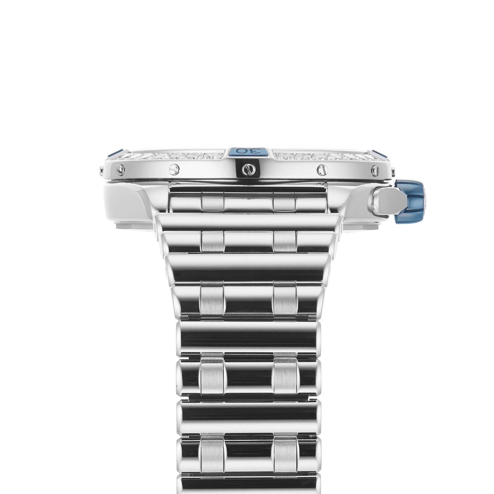 Close-up side view of a silver Breitling Super Chronomat Automatic 38 wristwatch with a blue crown and segmented bracelet, photographed against a white background.