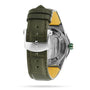 Back view of the Breitling Super Chronomat Automatic 38 with a green leather strap, a stainless steel buckle engraved with Breitling, and a stainless steel caseback engraved with Breitling 17 calibre.