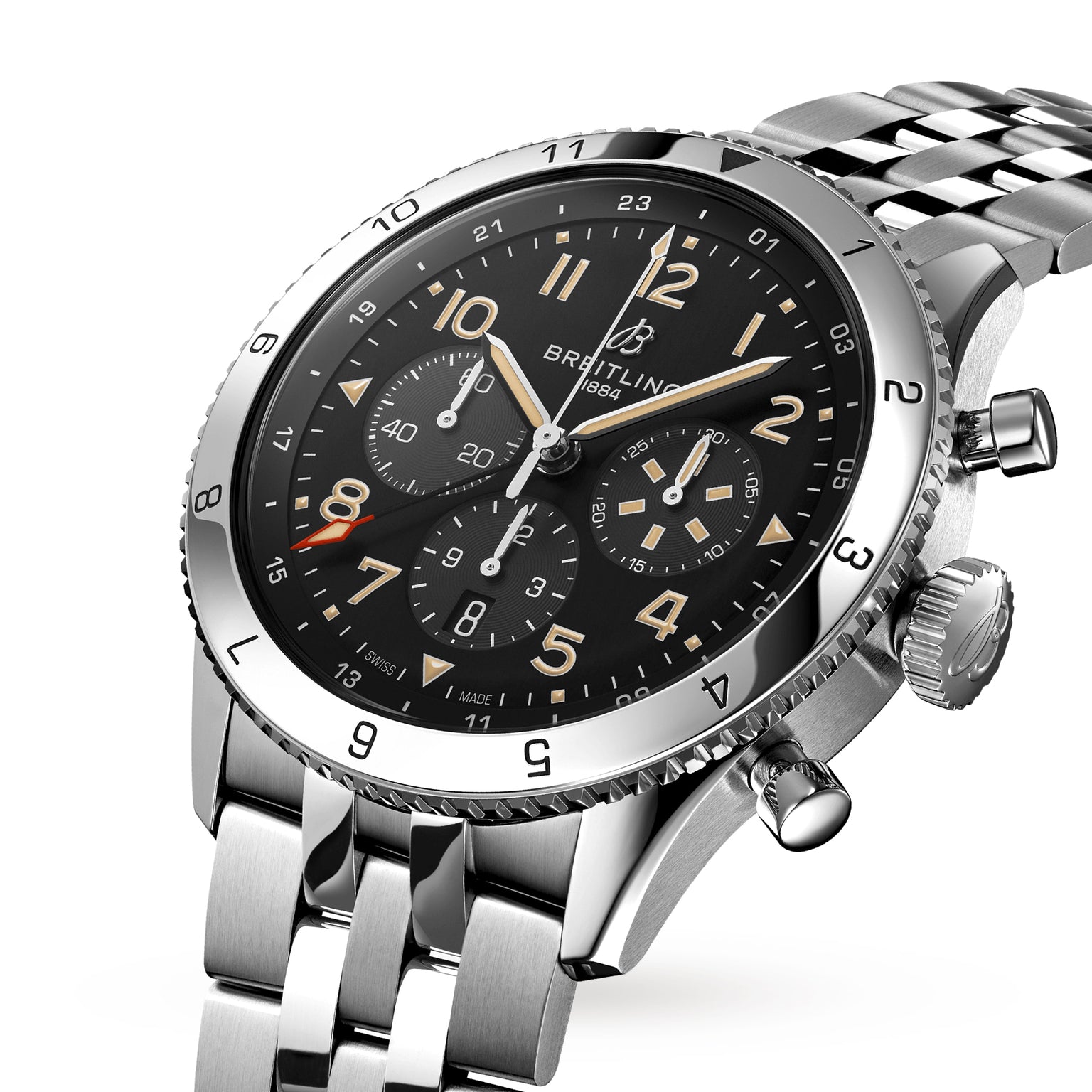 A close-up of the Breitling Super AVI B04 Chronograph GMT 46 P-51 Mustang, showcasing its design inspired by the legendary aircraft.
