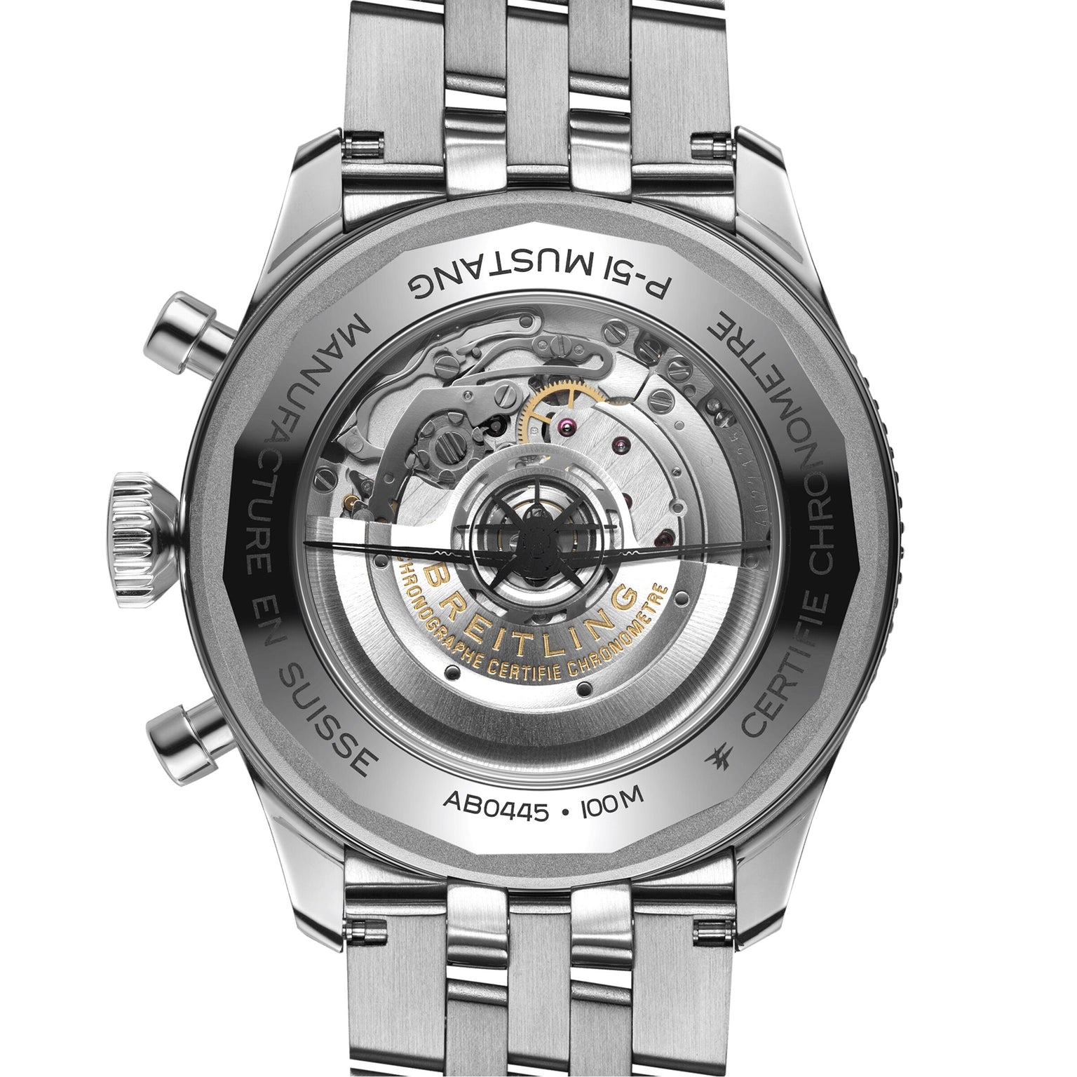 Close-up of the back of the Breitling Super AVI B04 Chronograph GMT 46 P-51 Mustang, revealing the intricate B04 calibre movement through its transparent case back.
