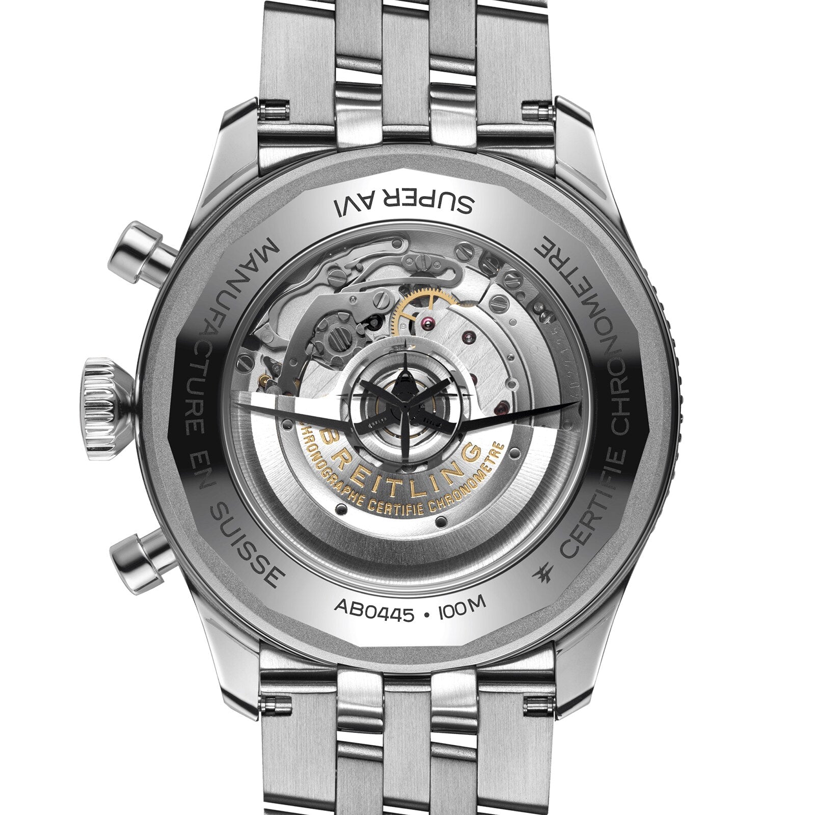 Close-up of the Breitling Super AVI B04 Chronograph GMT 46 Tribute To Vought F4Us back, showcasing its exposed automatic movement through a transparent case back with engraved details.