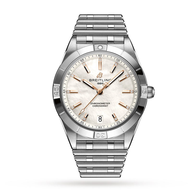 The Breitling Chronomat Automatic 36 is a stainless steel wristwatch featuring a white dial, diamond indexes, date display at 6 o’clock, and a matching bracelet, shown on a white background.