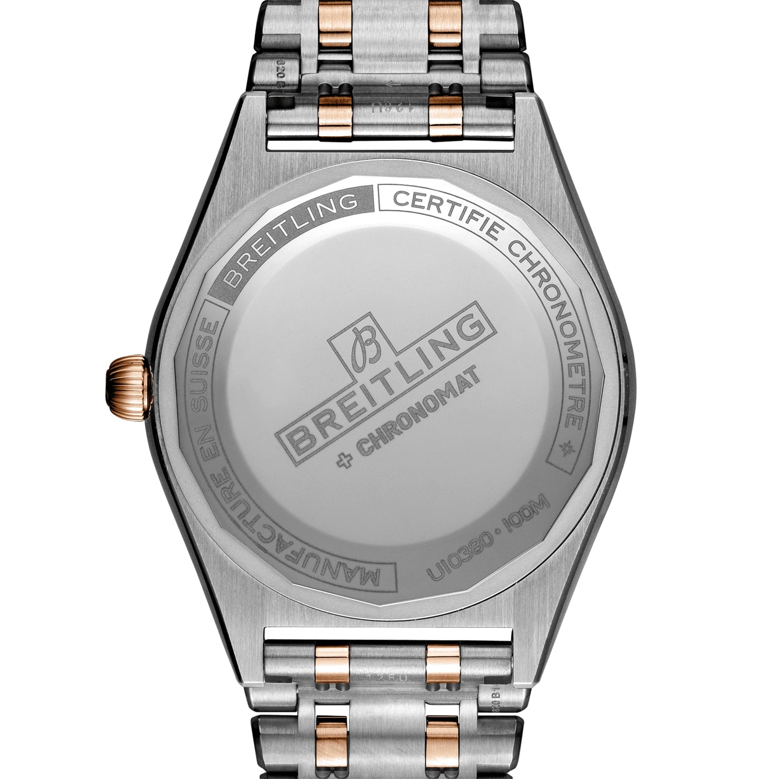 The Breitling Chronomat Automatic 36 features engraved branding and certification on the caseback, a silver and rose gold bracelet, and a luxurious mother-of-pearl dial with diamond-set hour markers.