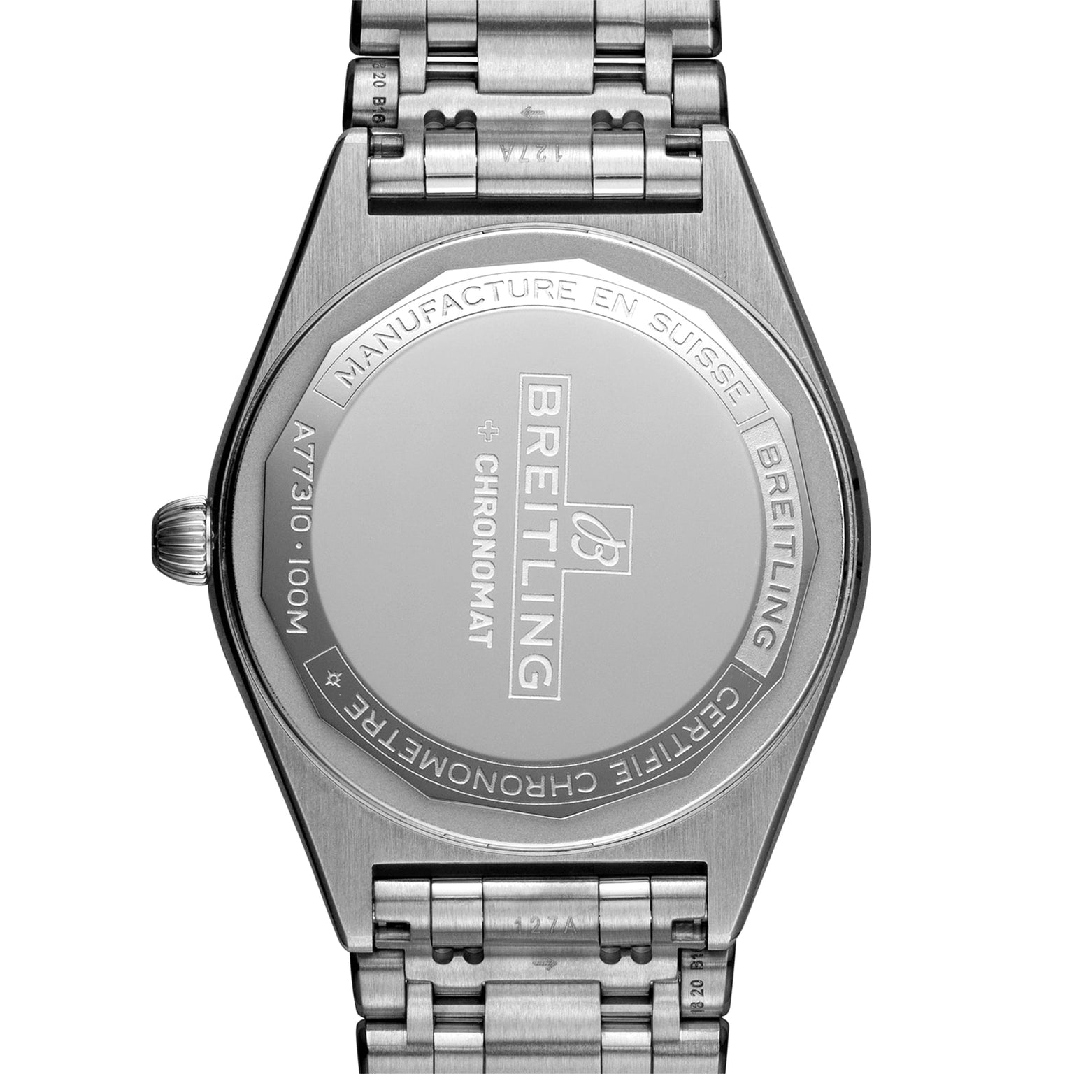 Back view of the Breitling Chronomat 32, featuring an engraved stainless steel case back and metal bracelet—a refined watch distinguished by its mother of pearl dial and sparkling diamond hour markers.