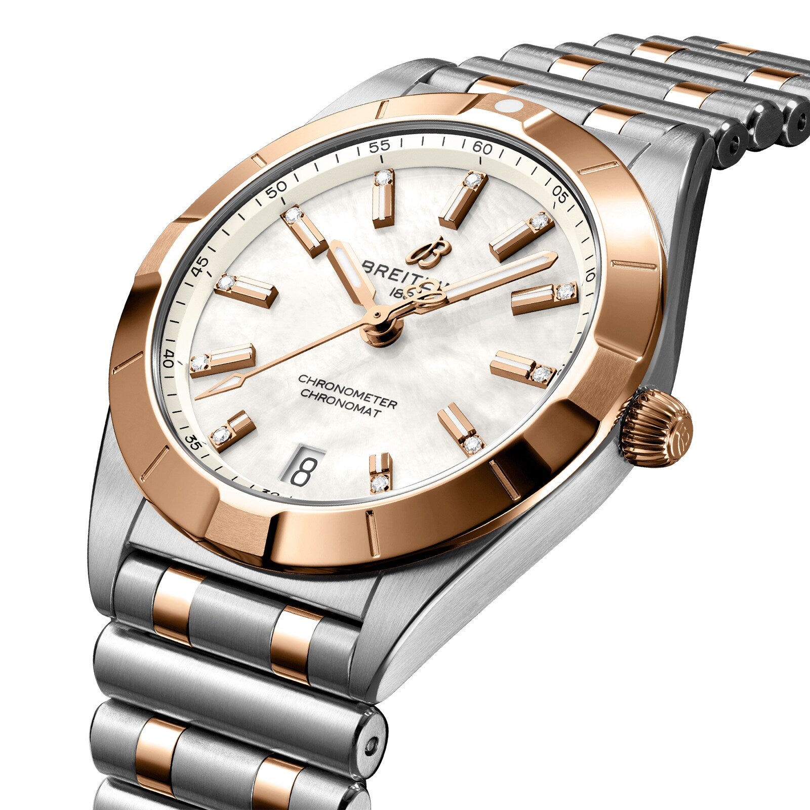 The Breitling Chronomat 32 features a white dial, gold hour markers, date at 6 o’clock, and a stainless steel & gold bracelet—a striking two-tone watch that exemplifies Breitling’s brilliance.