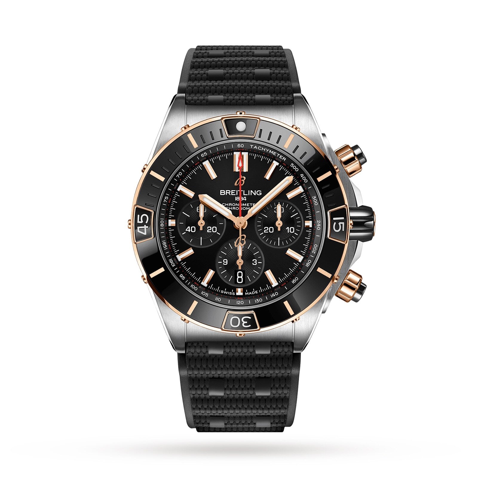 Breitling Super Chronomat B01 44 mechanical chronograph with a black and gold bezel, black dial with three subdials, date window at 6 oclock, and a textured black strap.
