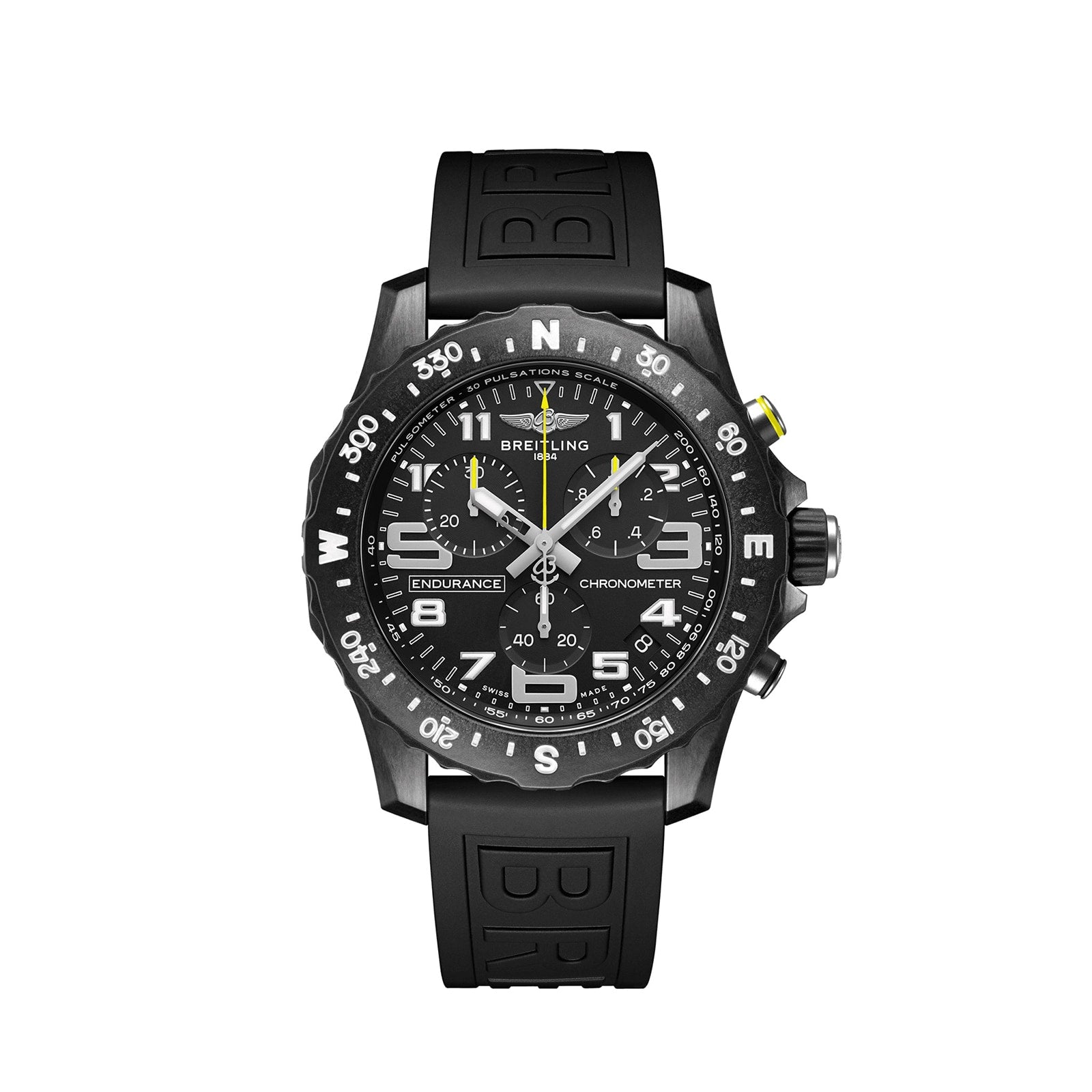 The Breitling Endurance Pro 44 is a black chronograph watch featuring a durable Breitlight® case, rubber strap, rotating bezel, and bold white numerals on the dial and bezel.