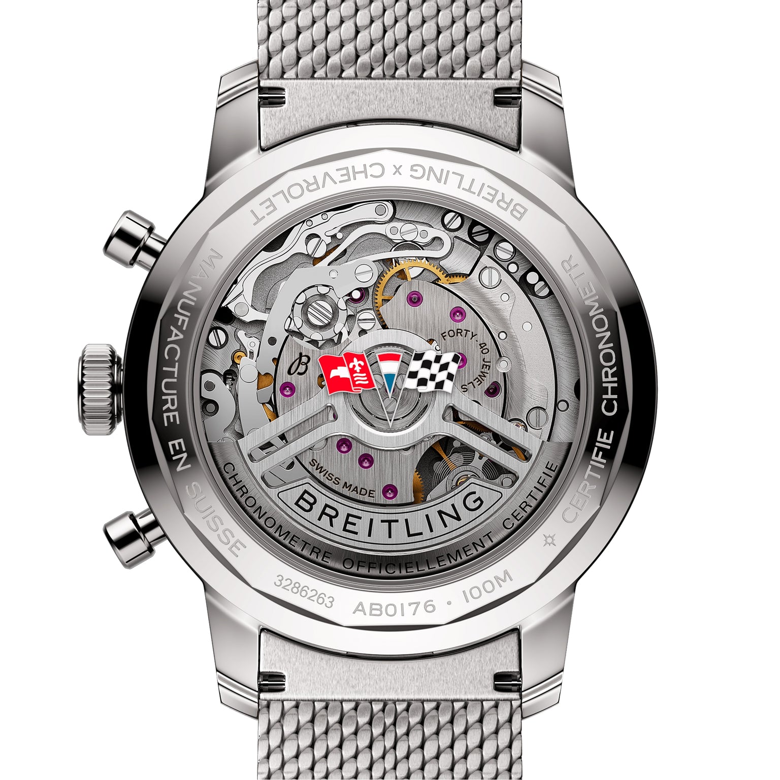 The back view of the Breitling Top Time B01 Chevrolet Corvette reveals its exposed mechanical movement, engravings, and branding, showcasing the renowned Breitling Manufacture Calibre 01—precision designed for true racing chronograph enthusiasts.