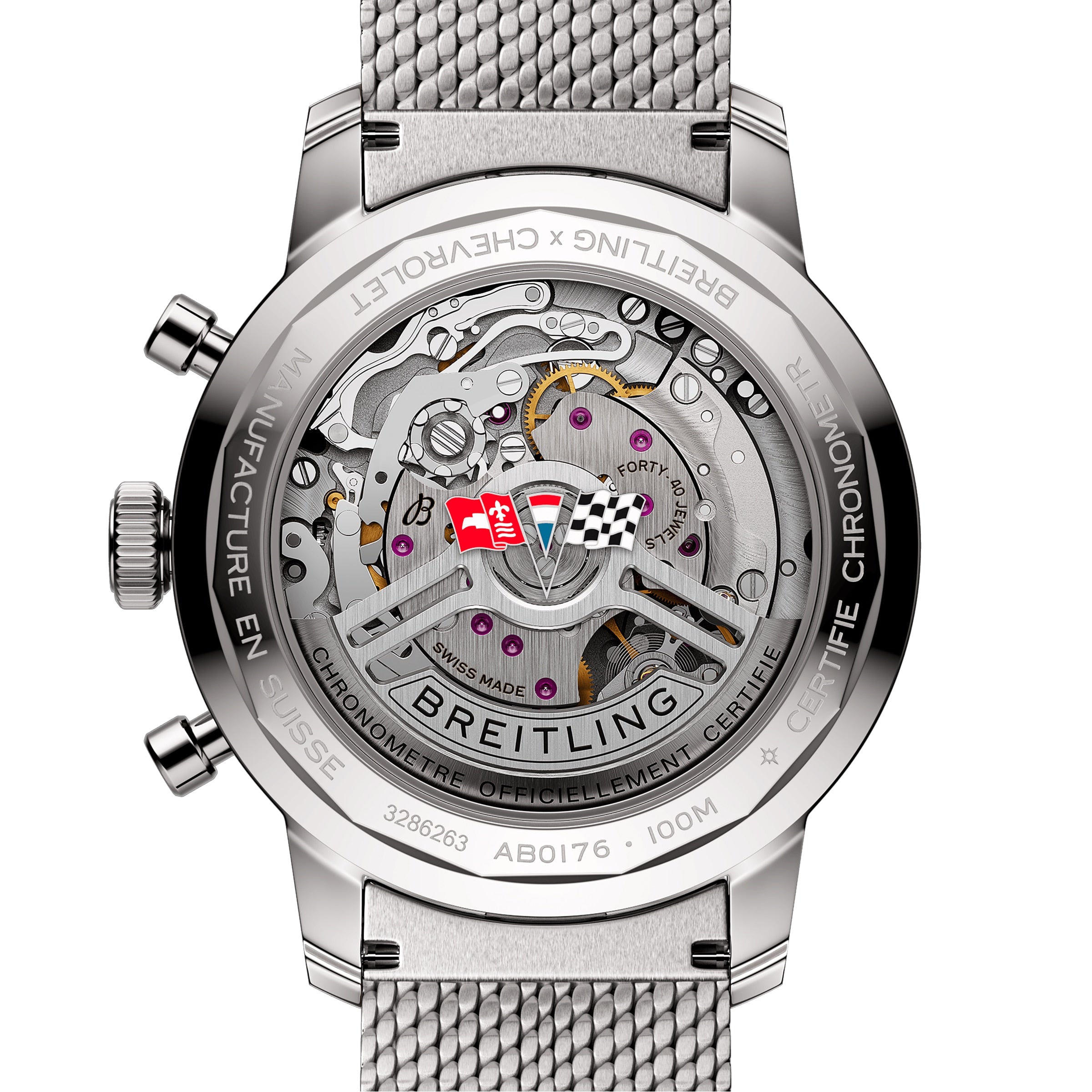 The back view of the Breitling Top Time B01 Chevrolet Corvette reveals its exposed mechanical movement, engravings, and branding, showcasing the renowned Breitling Manufacture Calibre 01—precision designed for true racing chronograph enthusiasts.