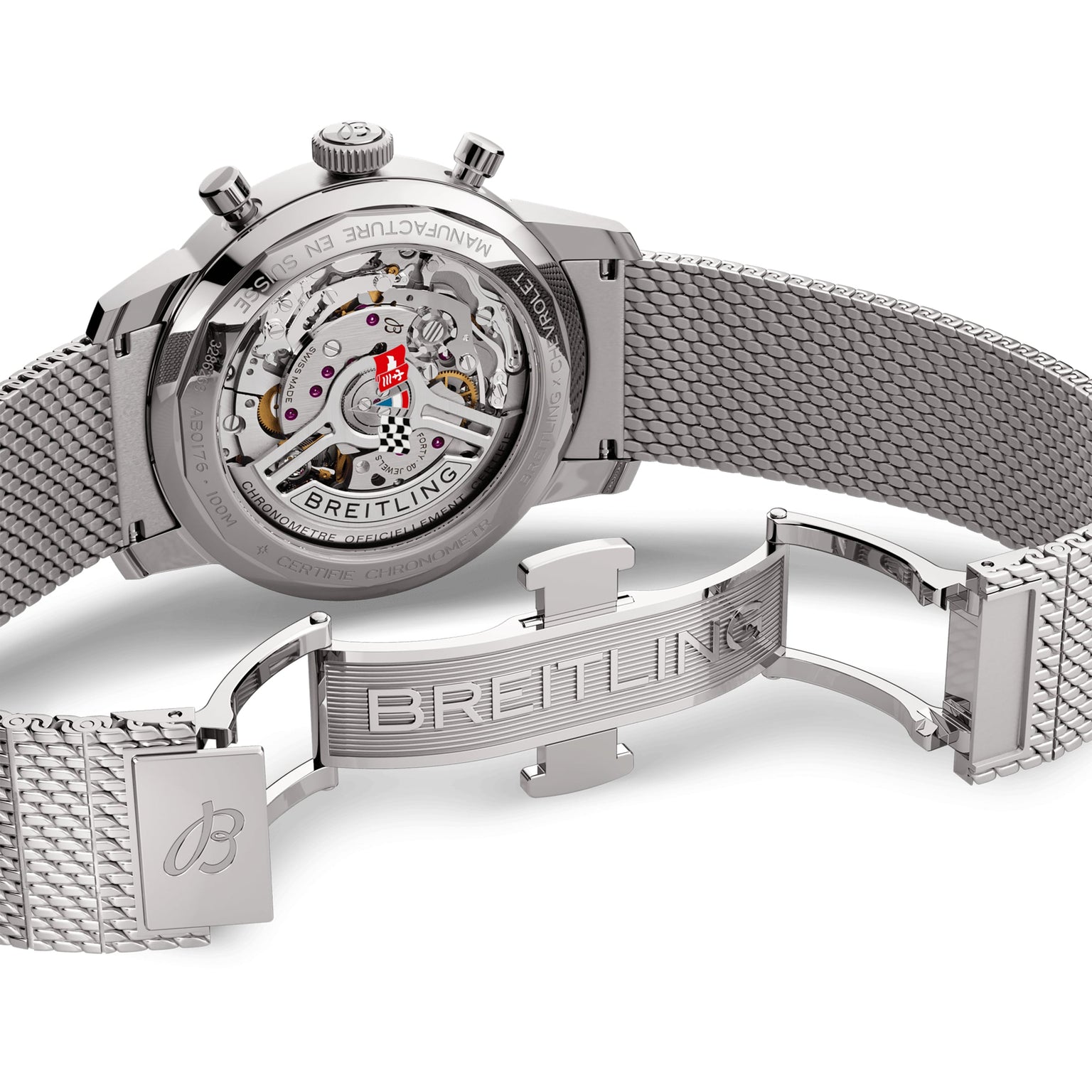 Back view of the Breitling Top Time B01 Chevrolet Corvette shows its exposed Manufacture Calibre 01 movement, stainless steel mesh bracelet, and engraved BREITLING clasp.