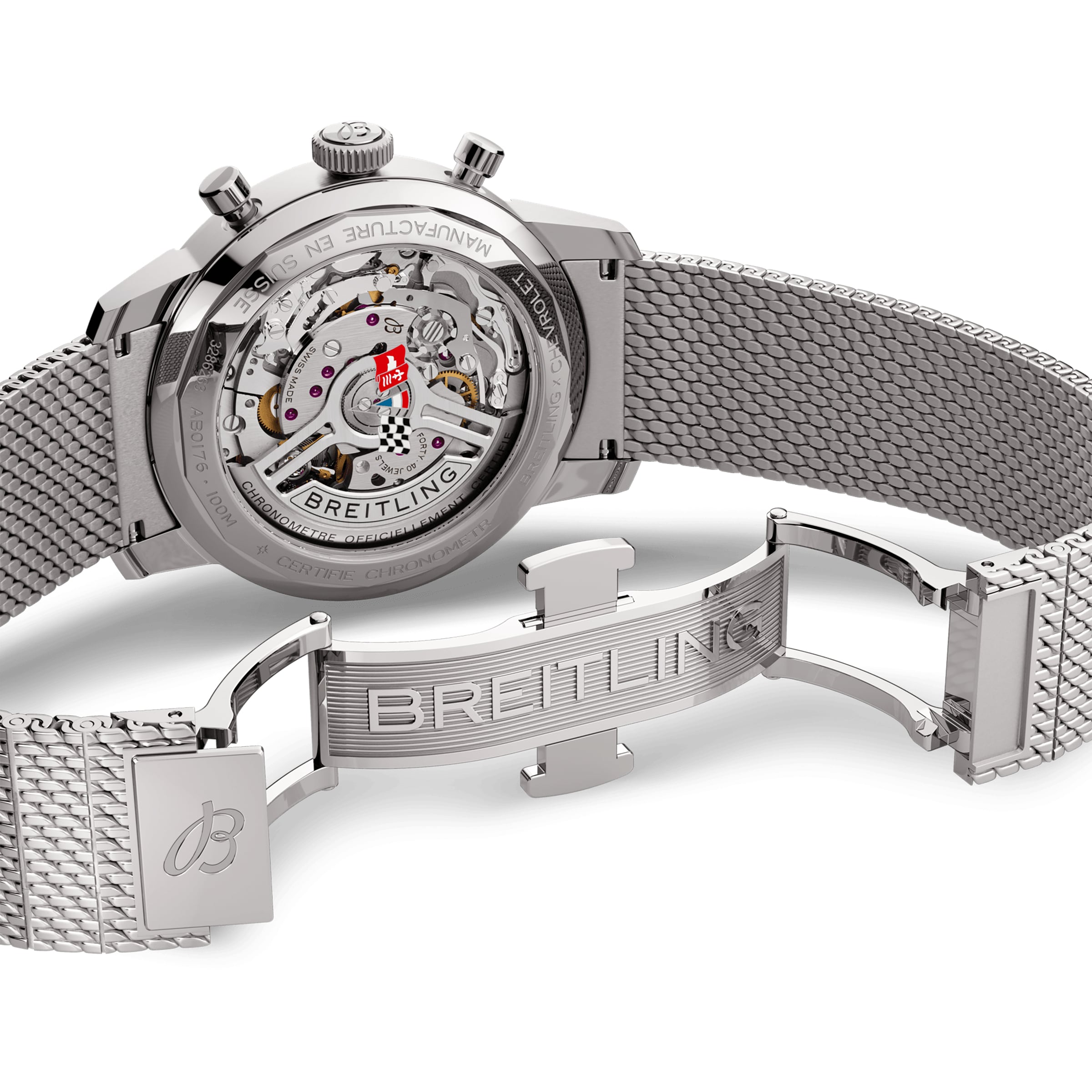Back view of the Breitling Top Time B01 Chevrolet Corvette shows its exposed Manufacture Calibre 01 movement, stainless steel mesh bracelet, and engraved BREITLING clasp.