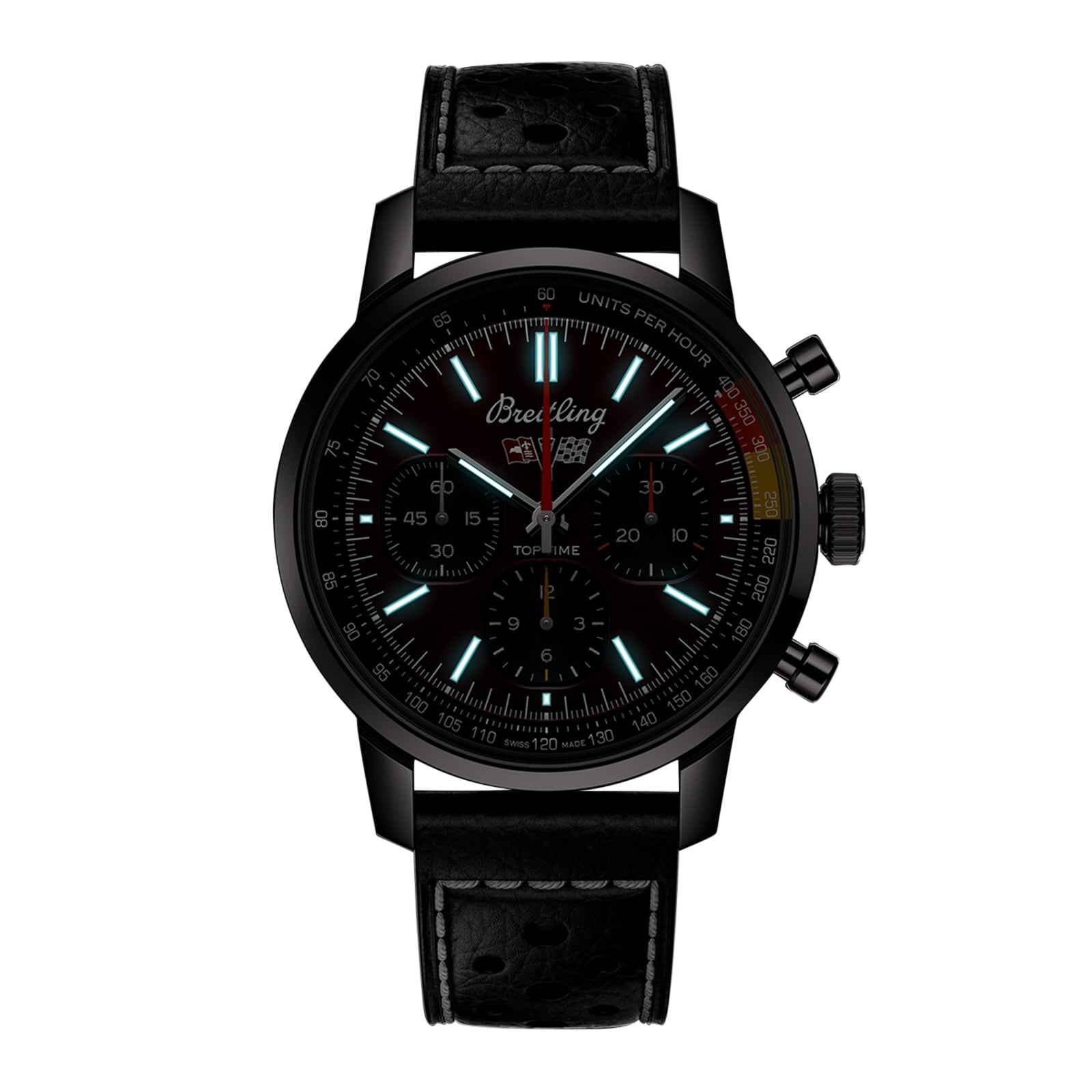 The Breitling Top Time B01 Chevrolet Corvette is a black chronograph watch with a black leather strap, luminous hour markers, three subdials, dual pushers, and the Breitling Manufacture Calibre 01—honoring the iconic Corvette Sting Ray.