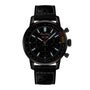 The Breitling Top Time B01 Chevrolet Corvette is a black chronograph watch with a black leather strap, luminous hour markers, three subdials, dual pushers, and the Breitling Manufacture Calibre 01—honoring the iconic Corvette Sting Ray.