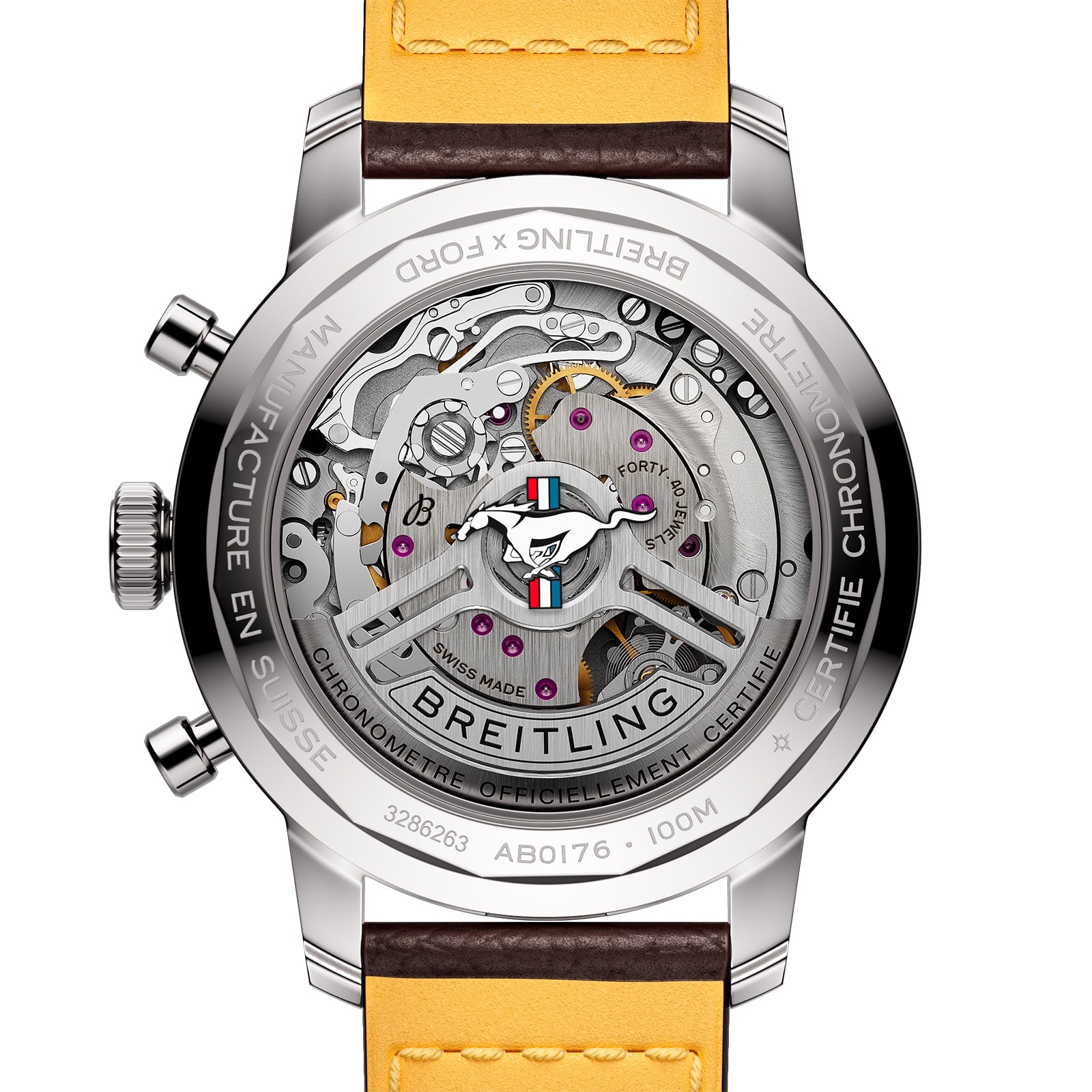 Close-up of the transparent case back on the Breitling Top Time B01 Ford Mustang, revealing the intricate Breitling Manufacture Calibre 01 movement with labeled components and a yellow and brown leather strap.