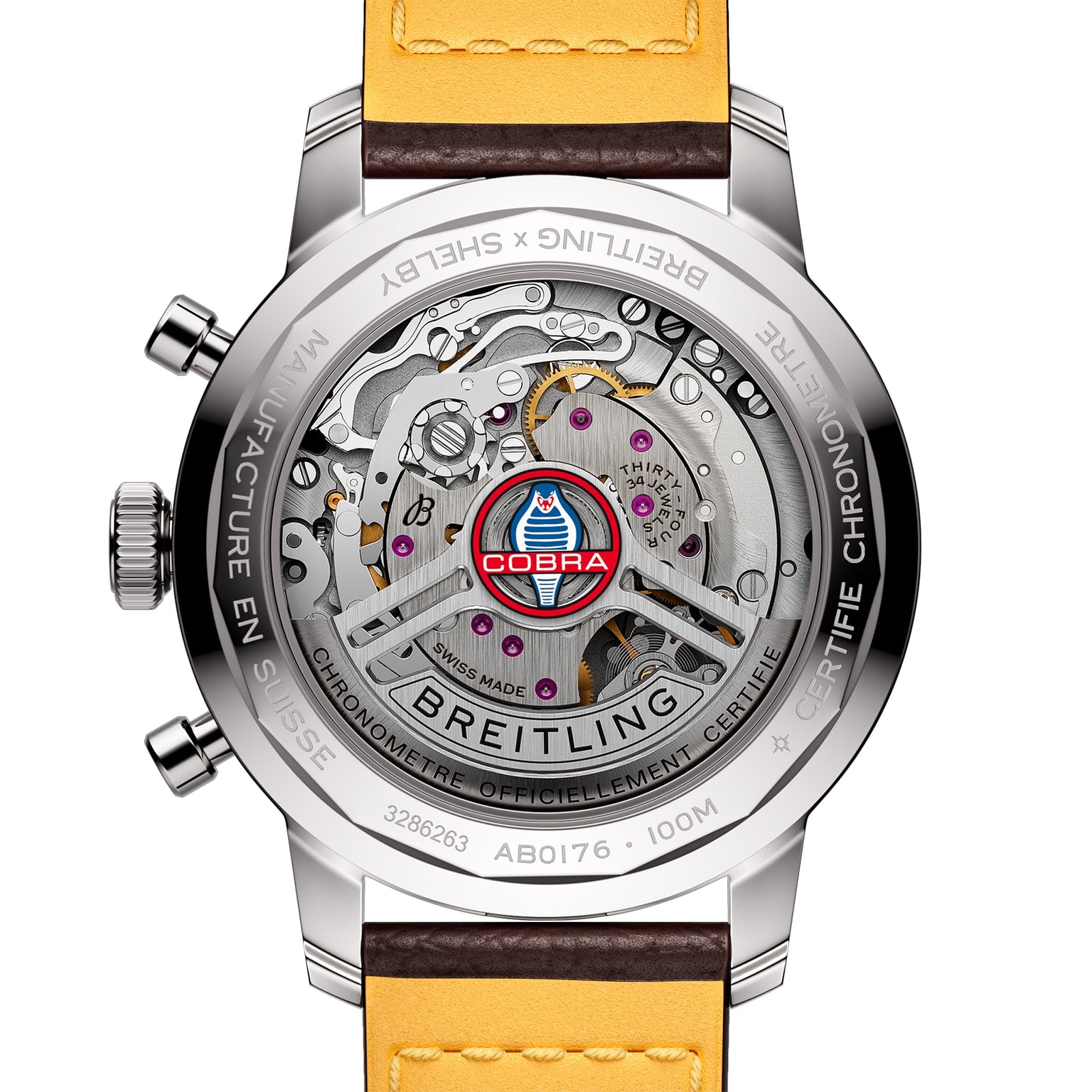 The back of the Breitling Top Time B01 Shelby Cobra chronograph showcases the Manufacture Calibre 01 movement, a Shelby Cobra logo, Swiss Made engraving, and a yellow and brown leather strap.