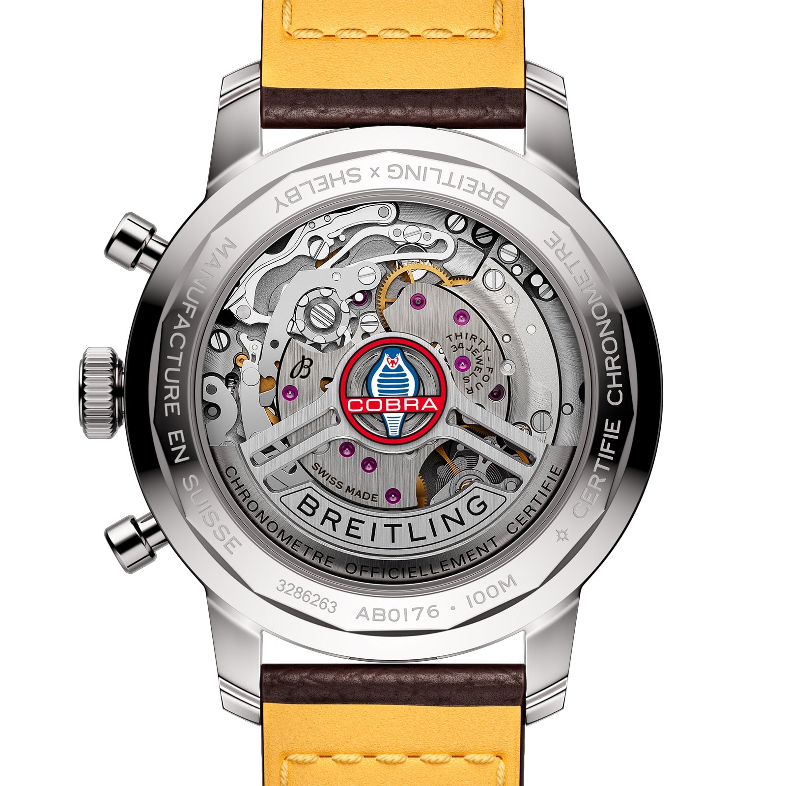 The back of the Breitling Top Time B01 Shelby Cobra chronograph showcases the Manufacture Calibre 01 movement, a Shelby Cobra logo, Swiss Made engraving, and a yellow and brown leather strap.