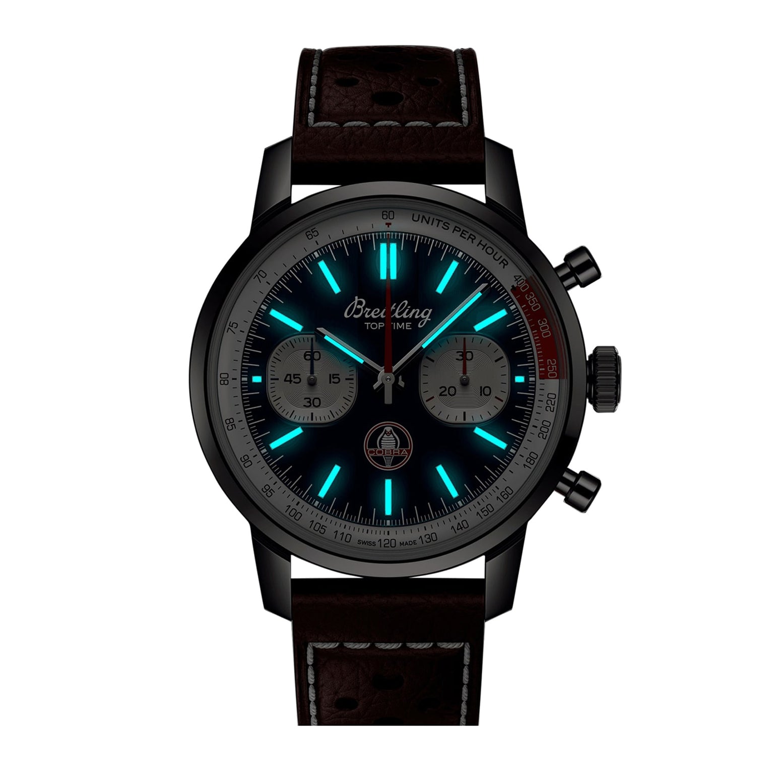 The Breitling Top Time B01 Shelby Cobra wristwatch features a dark leather strap, illuminated blue markers, two subdials, and chronograph pushers, shown against a white background.