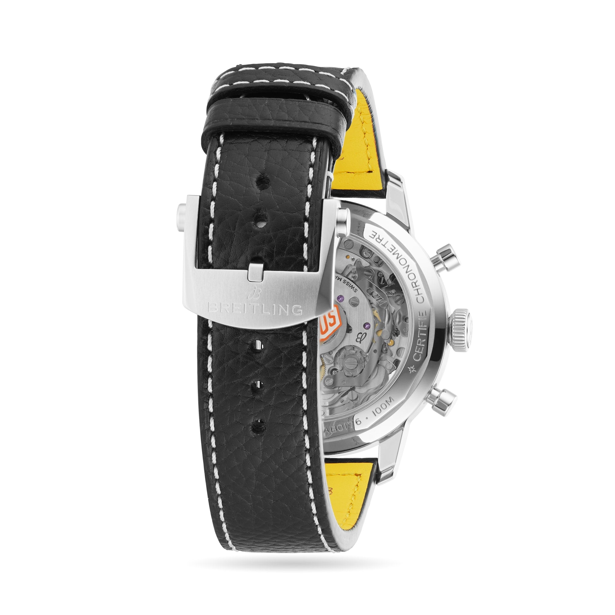 Back view of the Breitling Top Time B01 Deus, showcasing a black leather strap with white stitching, metal buckle, yellow lining, and a transparent case back that reveals the Manufacture Calibre 01 racing chronograph movement.