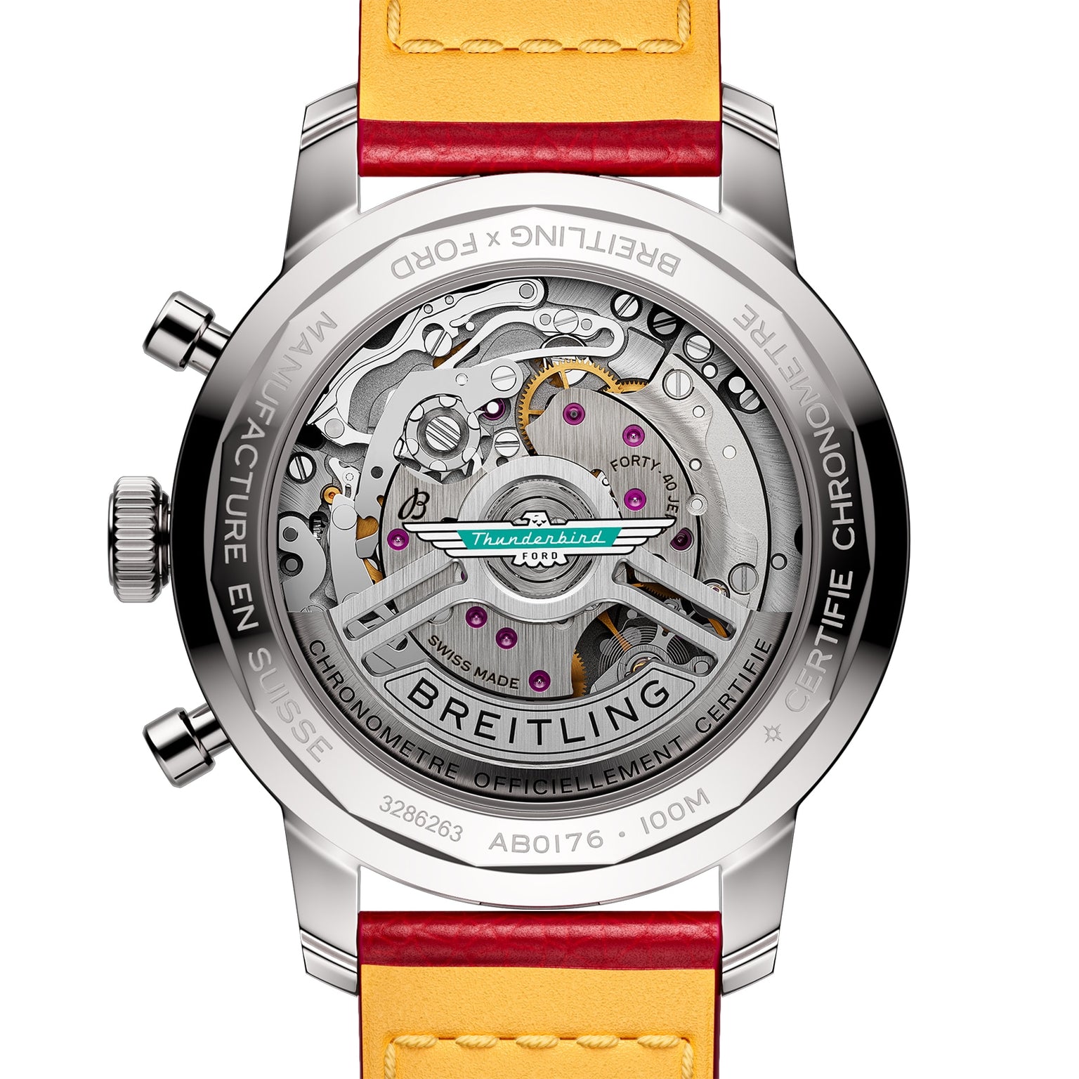 Close-up of a Breitling Top Time B01 Ford Thunderbird watch’s see-through case back, showcasing the Breitling Manufacture Calibre 01 movement, detailed engravings, and a yellow-orange leather strap.