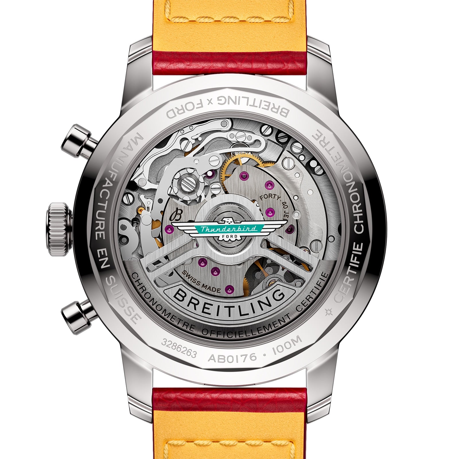 Close-up of a Breitling Top Time B01 Ford Thunderbird watch’s see-through case back, showcasing the Breitling Manufacture Calibre 01 movement, detailed engravings, and a yellow-orange leather strap.