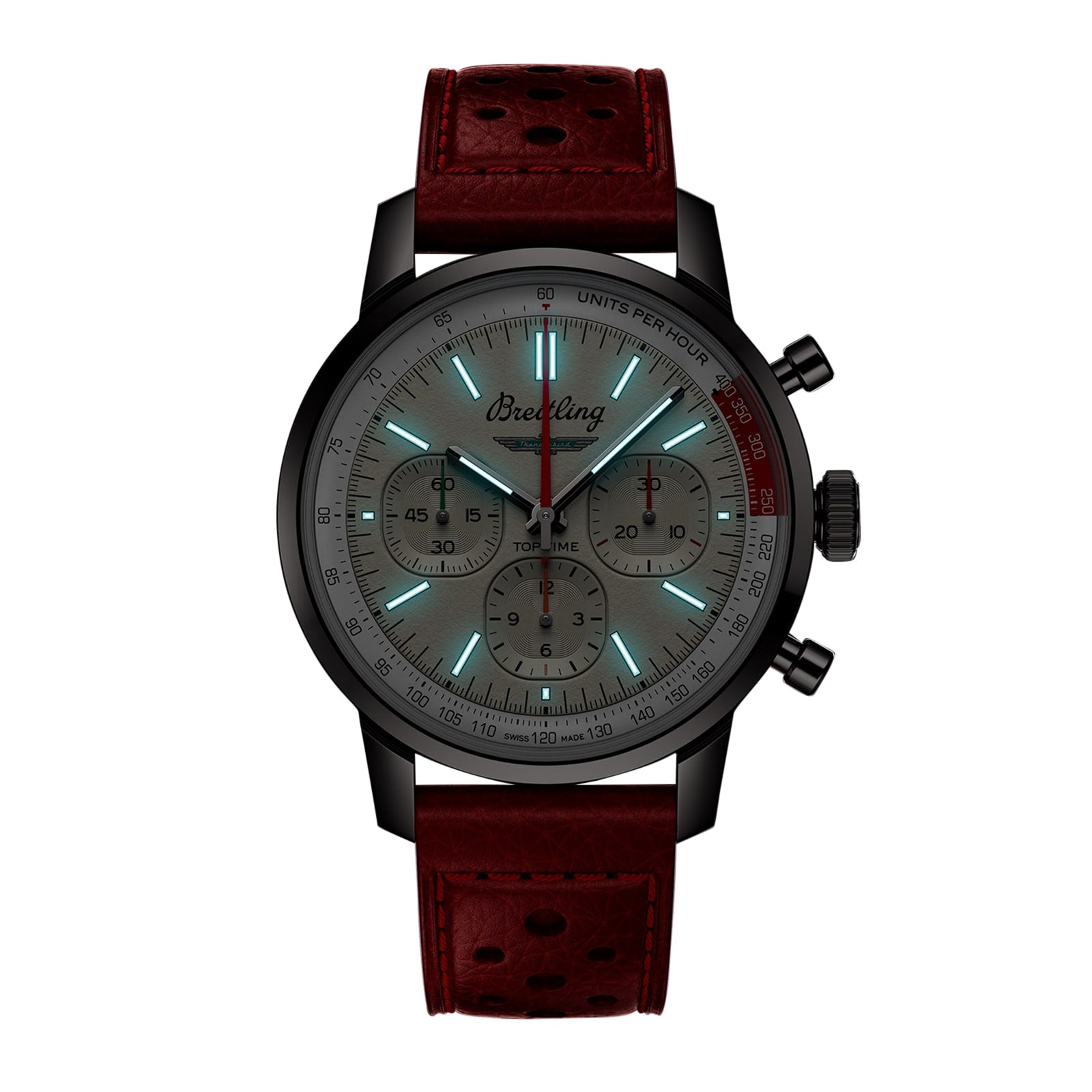 The Breitling Top Time B01 Ford Thunderbird chronograph, featuring a silver dial, three subdials, luminous hands, and a red perforated leather strap with Manufacture Calibre 01, is shown against a white background.
